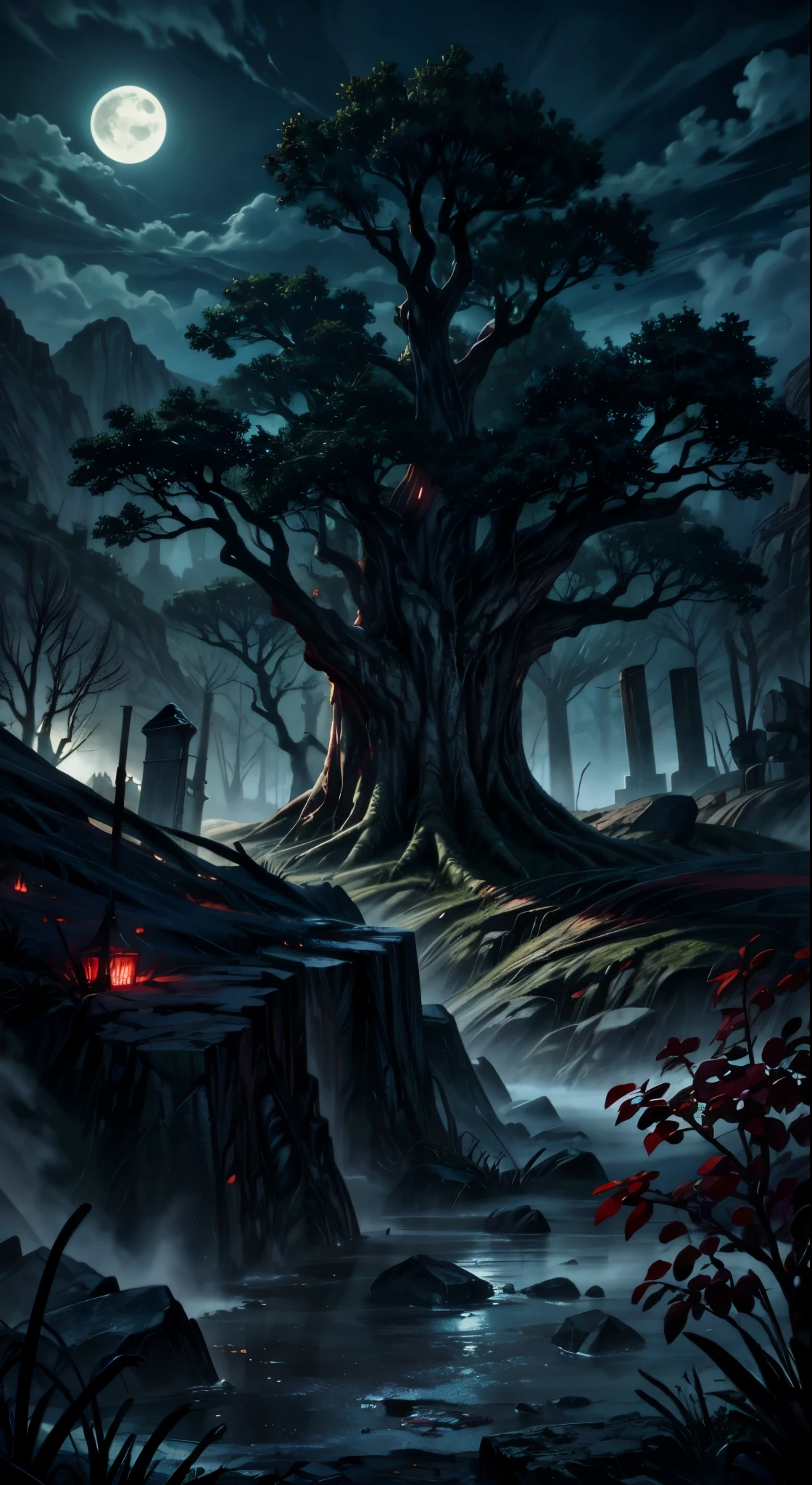 Graveyard red moonlight, extreme details, scenery, landscape,, extreme details, dark scenery, fantasy jungle,8k quality, hyper detailed, ray tracing, cinematic shot, unreal engine,unity,