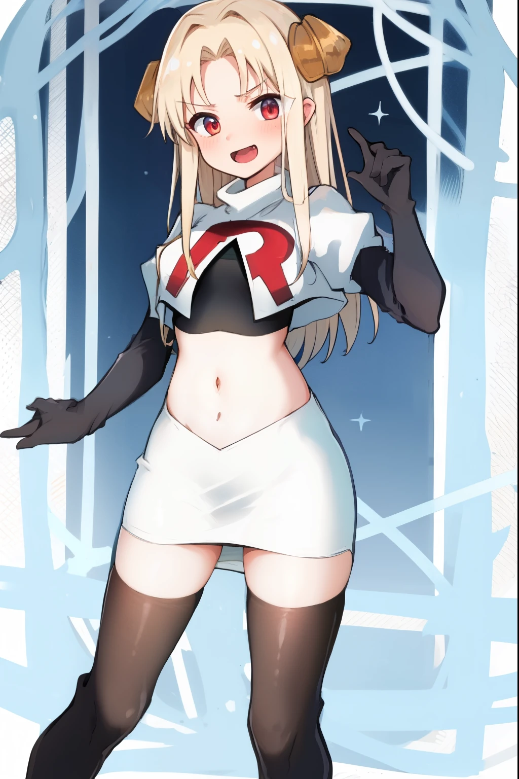 absurdres,masterpiece, best quality, highres, high quality, 1girl, dragon tail, dragon wings, dragon horns,team rocket,team rocket uniform,white skirt,red letter R,crop top,black thigh-highs,black elbow gloves,