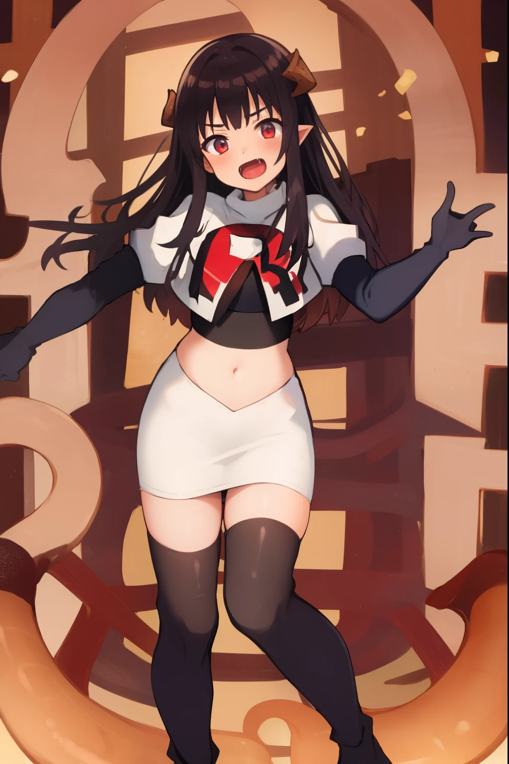 absurdres,masterpiece, best quality, highres, high quality, 1girl, dragon tail, dragon wings, dragon horns,team rocket,team rocket uniform,white skirt,red letter R,crop top,black thigh-highs,black elbow gloves,