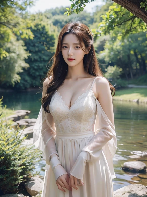 Best quality at best，tmasterpiece，illustratio，Extremely Delicately Beautiful，The is very detailed，CG，unified，8k wallpaper，Amazing Cleavage，fine details，tmasterpiece，Best quality at best，High image quality，8K，Raised sexy，1 teenage girl，young ，Korean idol，full bodyesbian，Landscape photos，