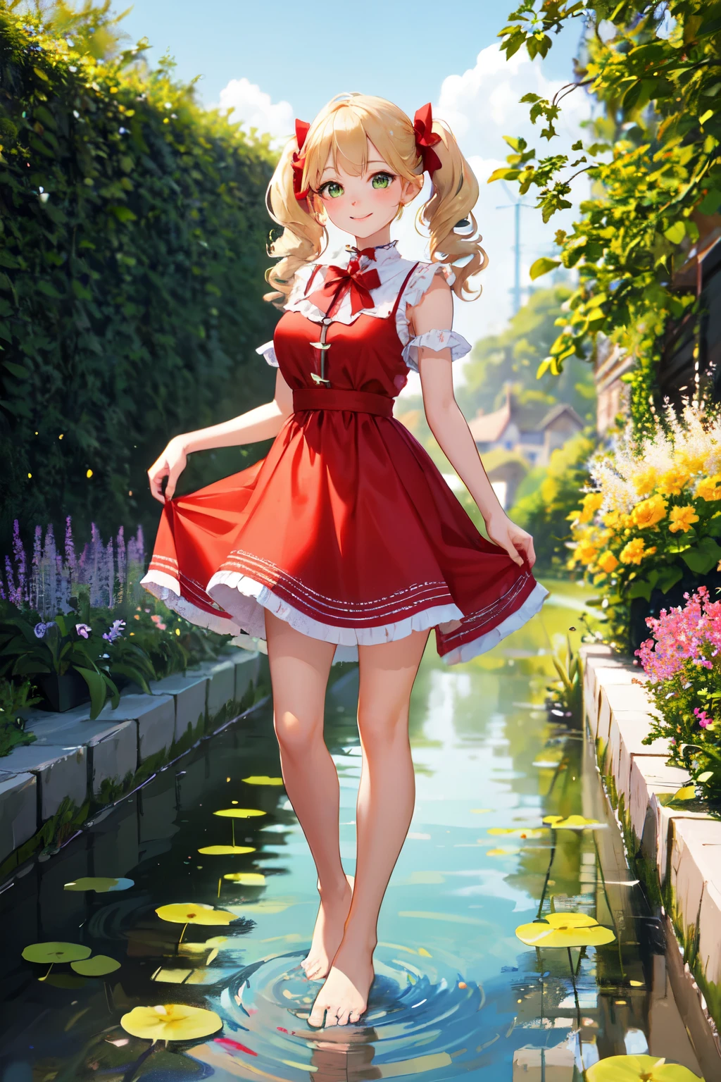 ((best quality)), ((masterpiece)), (detailed), perfect face, slim, blonde curly hair,  girl with freckles, green eyes, pigtails with bows, ((red puffy dress)), bows, average_breasts, smiling, garden, High detailed, 1 girl, standing up, feet on river, bare feet