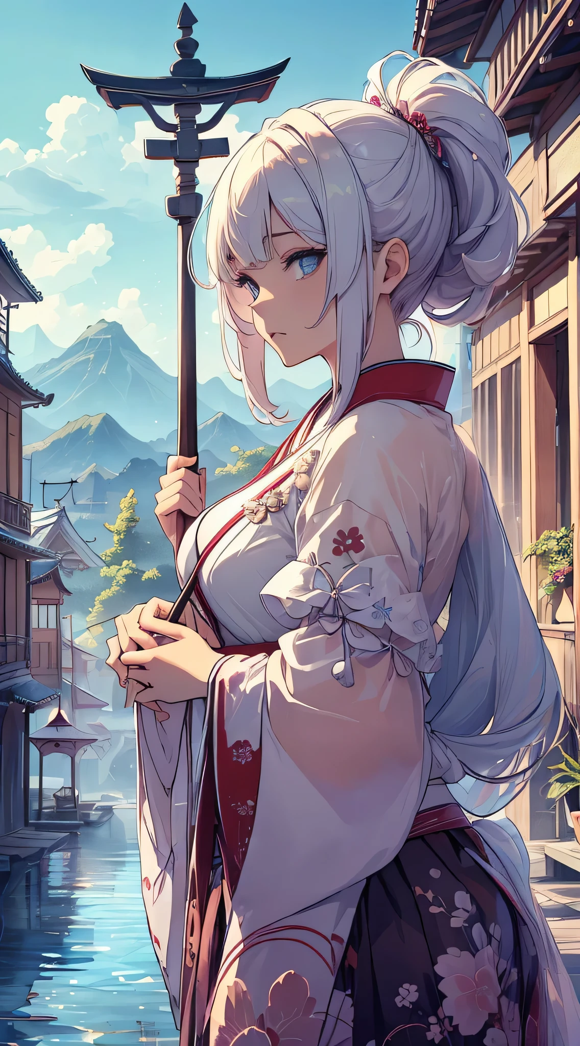 top-quality、Top image quality、masterpiece、teens girl((18year old、 Ager、Best Bust、Medium bust,wide open breast tea、light blue eyerest, bionde、poneyTail、A slender,Highest valley、white miko costume、Exorcism Stick)),hiquality、Beautiful Art、Background with((jpn、Blue sky、shrines、Torii garage rank)),masutepiece、depth of fields、movie、visualart、Perfect Art