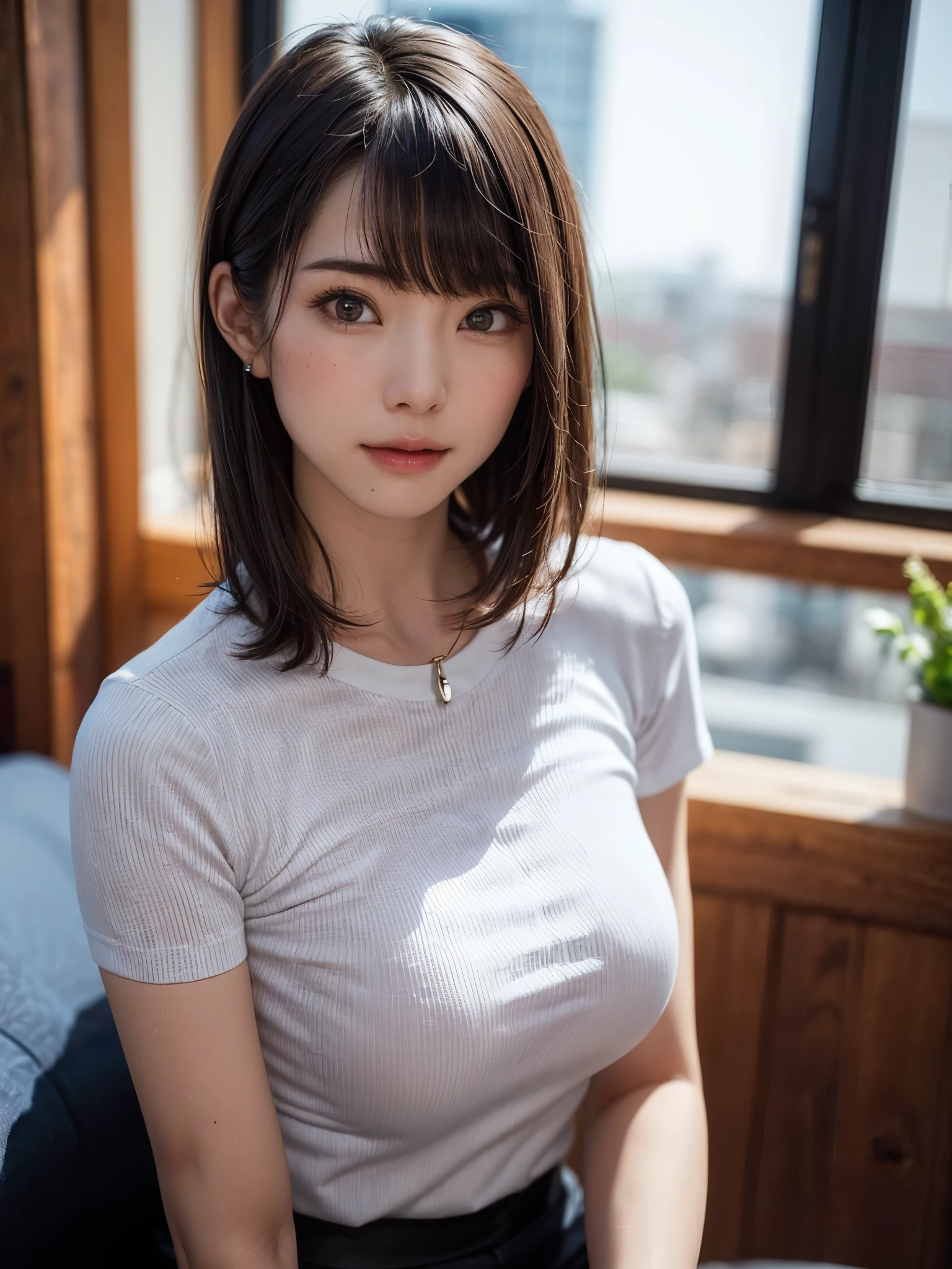 (masutepiece, top-quality、high-detail:1.4、Very attractive beauty、Add intense highlights to the eyes、Look firmly at the camera:1.4、A beautiful woman full of charm、Ideal ratio body proportions、Perfect Anatomy、Brunette Short Bob Hair、Lustrous hair、bangss:1.4、光沢のあるbangss:1.4、lipgloss),1girl in, report, Light brown shiny hair, muffler,realisitic, looking at the viewers、Tilt your head slightly, Bright colored crystal light blue eyes, short shiny hair、 White turtleneck outfit with a hole in the center of the chest,Sexy white turtleneck knit sweater with a round hole in the middle of the chest、 s lips, lipgloss, The upper part of the body、big eye、Lashes、A little red in the face、Embarrassing)、((italian road in winter))、((short hair with big eyes、Put very strong highlights in your students、{Gigantic|Big|Huge|Mega} breasts:1.6、very Bigger breasts、gazing at viewer、Very beautiful beauty、Put your ears out、long neck、smil、smil、Happy、Beautiful teeth、口を開いてsmil、Heart-shaped pupil))、28 year old、Very cute supermodel、