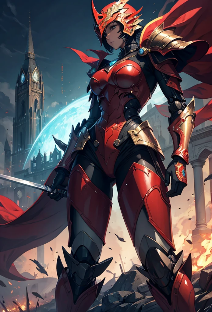 (Detailed illustrations,Very detailed and detailed drawing,Delicate lines with slow and rapid,Realistic texture expression),[Color tressed main line],(Fantasy World Battlefield Background [Burning castle]),((ROBOT GIRL) (red knight [[corinthian helmet]streamline][well-muscled])[WEAPON MACHINE[Princess Knight][[METALFACE]]]),[red dragon armor[scale]][[luxurious embroidered cloak]],[red dragon pattern],[use a sword as a weapon],[[Mobile Weapon Gigant Size][Science Fiction Mechanical]],((gorgeous shiny armor)),(Intricate and beautiful decoration [Dense detail]),[Transparency],(Precisely drawn face)[完璧な目のdetaileds(Iris beautifully drawn in every detail)[Jewel-like eyes]],[long and beautiful eyelashes],[Meticulously drawn hair [美しく艷やかな髪のdetaileds]],(完璧な手のdetaileds [Beautiful fingers without breakdowns [Beautiful nails]]),(Perfect Anatomy(Perfectly proportioned))[[Full body like]],[Ideal color coordination(Accurate simulation of light-material interactions)],([Precision Detail](detaileds,high-detail)),[Visual art that conveys a sense of narrative].