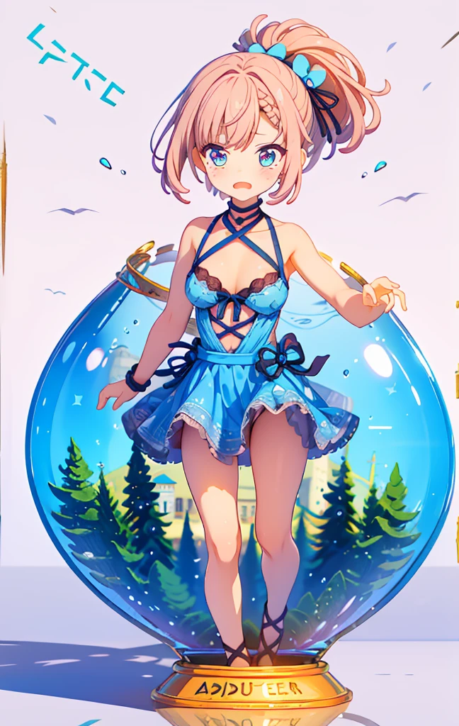 Super cute girl&#39;s whole body 3D, Transparent lace queen costume, Trapped in an acrylic box, adolable, blind box doll, Mole under the eyes, nffsw, masutepiece, Super Detail, Textured skin, high details, High quality, hight resolution, in 8K、huge tit、blue braided ponytail、shy crying face、