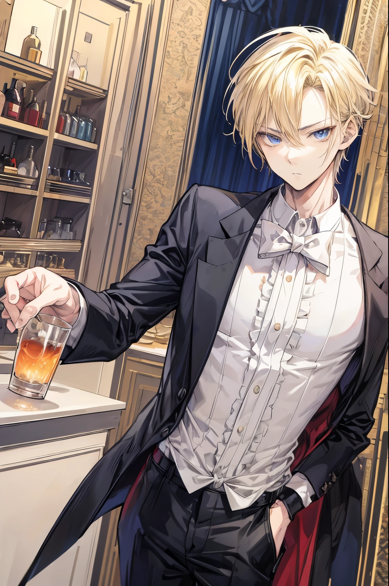 (flat color:1.1),(masterpiece:1.2), best quality, masterpiece, original,short blonde spiky hair, (mature handsome anime man looking at the camera with a gentle expression:1.2), wearing formal casual outfit, bartender