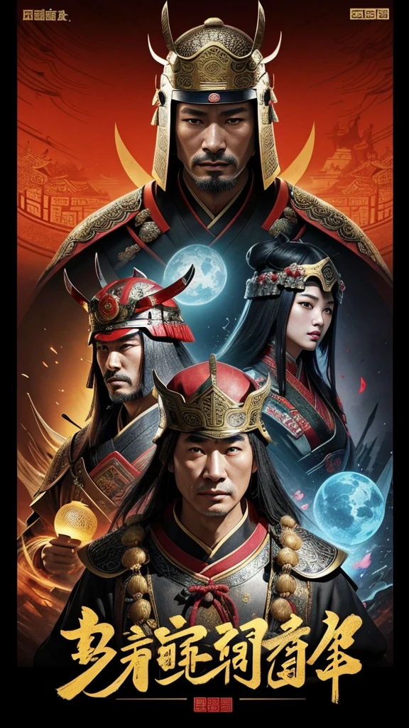 oriental、man in ancient chinese clothes、ancient chinese helmet man、three kingdom、multiple warlords、top-quality、​masterpiece、超A high resolution、(Photorealsitic:1.4)、Game Posters、Clear and beautiful image quality、