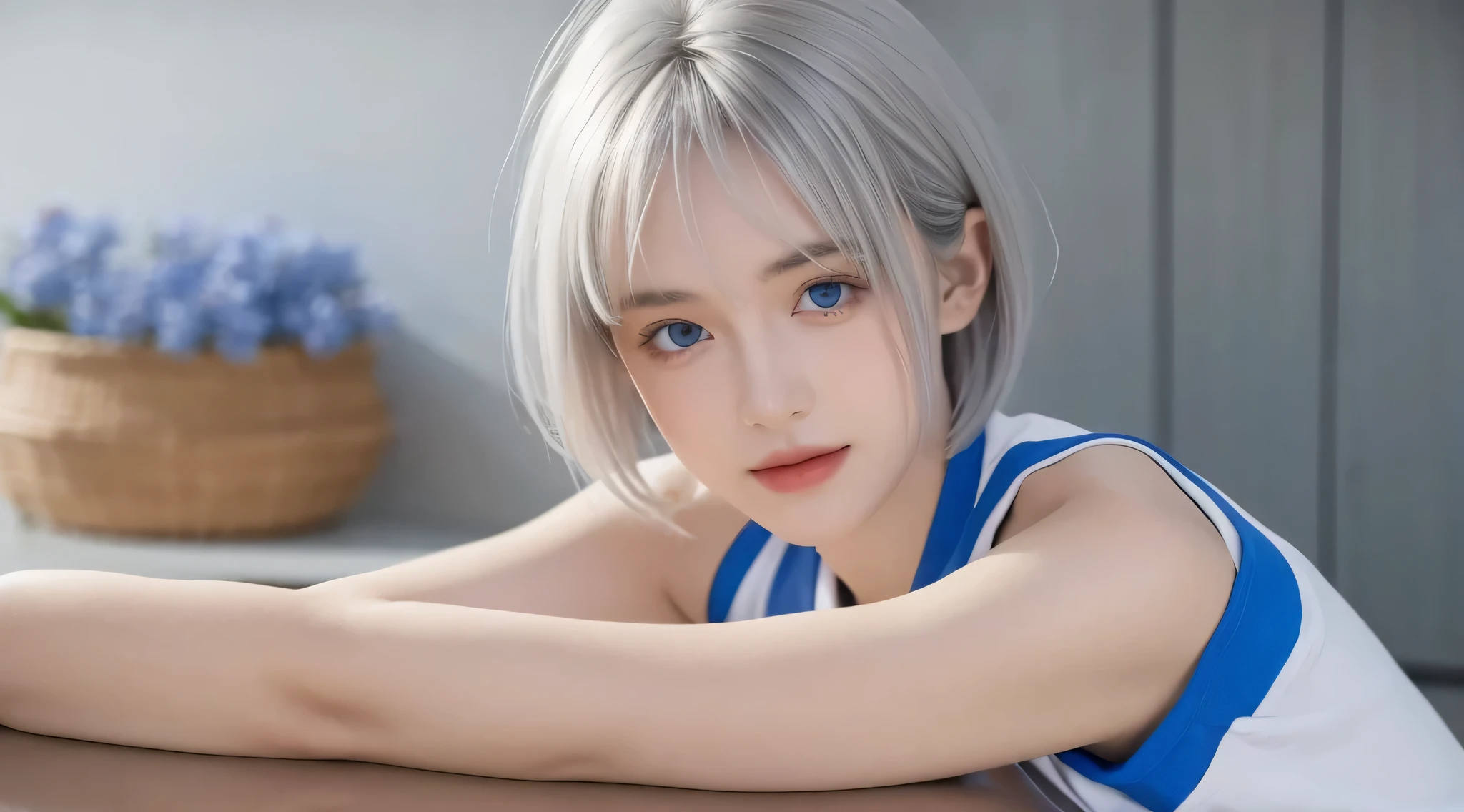 1 girl, Bethel, eBlue eyes, bshoulders, , medium , Short hair details, White hair, hair covering one eye, through bangs, mitts, Sleeveless, Alone, The shirt, fingerless mitts, white The shirt, Sleeveless The shirt, place one's arms behind one's back, cropped bshoulderss, horn, ssmile, (tmasterpiece), (Best quality at best), (ultra - detailed), Indoor setup, Blue flowers,