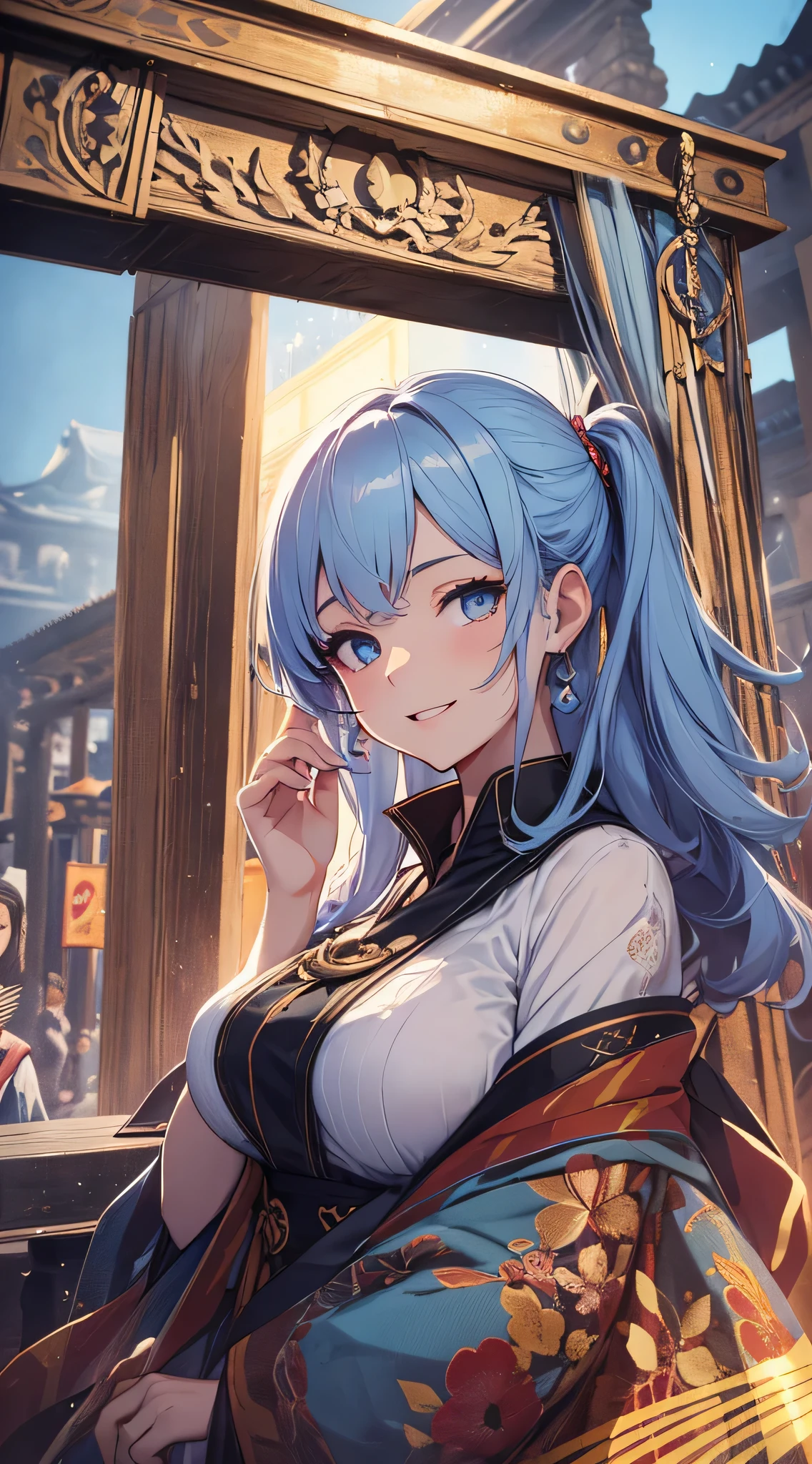 top-quality、Top image quality、masterpiece、teens girl((18year old、 Ager、Best Bust、Medium bust,wide open breast tea、light blue eyerest, bionde、poneyTail、A slender,Highest valley、Priestess costume、Holding an exorcism stick、Random movement、The best smile)),hiquality、Beautiful Art、Background with((jpn、Blue sky、shrines、torii gate、big crowd々)),masutepiece、depth of fields、movie、visualart、Perfect Art