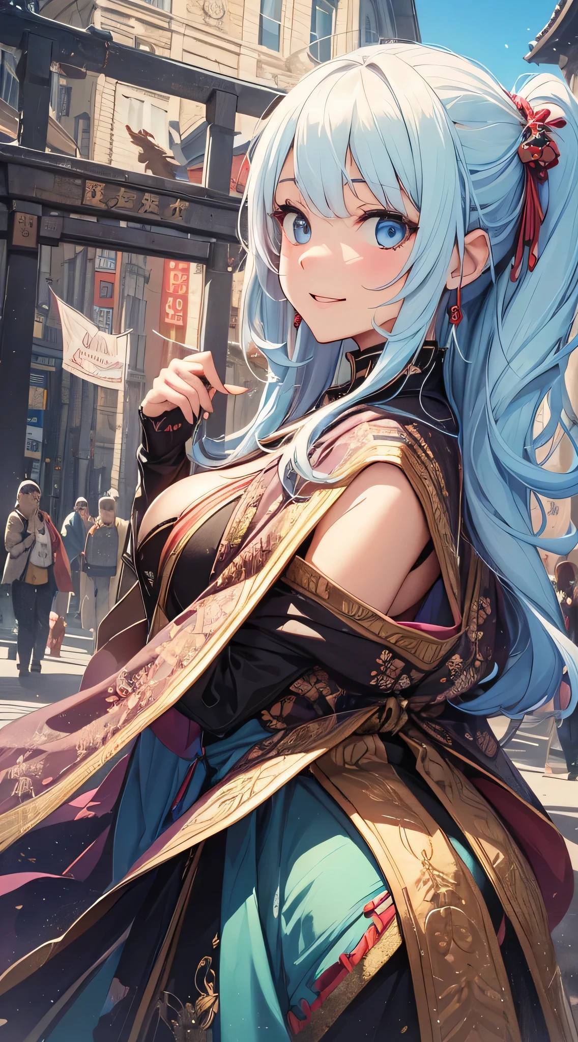 top-quality、Top image quality、​masterpiece、s girl((18year old、 Ager、Best Bust、Medium bust,wide open breast tea、light blue eyerest, bionde、poneyTail、A slender,Highest valley、Priestess costume、Holding an exorcism stick、Random movement、The best smile)),hiquality、Beautiful Art、Background with((jpn、Blue sky、shrines、torii gate、big crowd々)),masutepiece、depth of fields、movie、visualart、Perfect Art