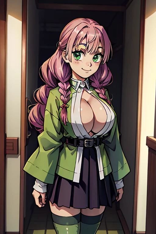 masterpiece, best quality, ultra-detailed, Potrait of beautiful MitsuruDS, solo, demon_slayer_uniform, smile, long_sleeves, looking_at_viewer, japanese_clothes, breasts, haori, cleavage, closed_mouth, jacket, large_breasts, open_clothes, skirt, belt, black_skirt, pleated_skirt, thighhighs, green_thighhighs, zettai_ryouiki, volumetric lighting, best quality, masterpiece, intricate details, tonemapping, sharp focus, hyper detailed, trending on Artstation,