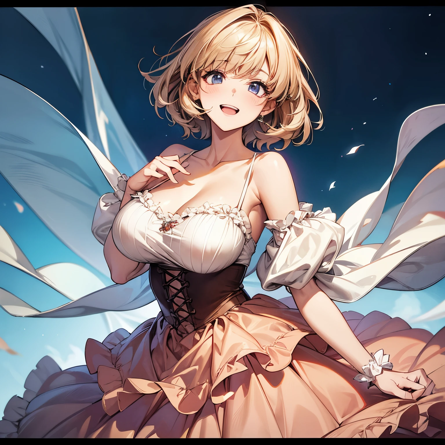(best quality, 32k, RAW photo, incredibly absurdres, extremely detailed), anime, illustration, beautiful woman, laugh like a prankster, happy, shy, light brown glossy flowing layered messy short hair, full makeup, red alluring moist big thick lips, wearing fluffy loose girly French dress fashion, huge breasts, slender, perfect proportion, background hill overlooking the city, professional flare iridescent lighting, Ghibli style