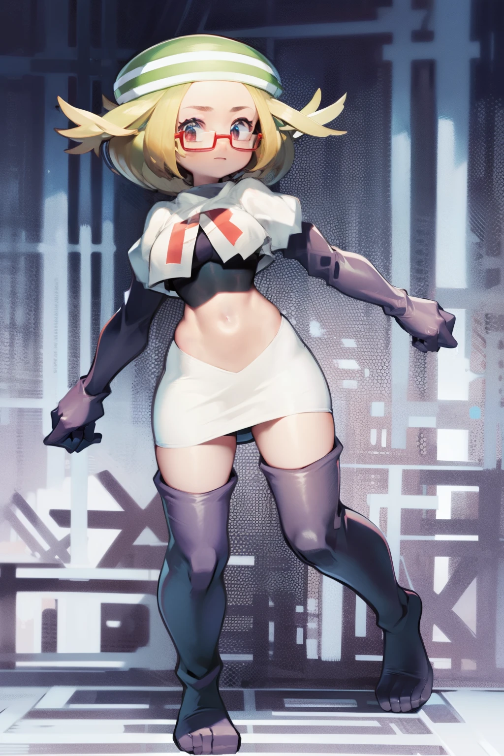 masterpiece, best quality,thighhighlonde hair:1.3),(bianca:1.5),red glasses, breasts,short hair,team rocket,team rocket uniform,white skirt,red letter R,crop top,black thigh-highs,black elbow gloves,