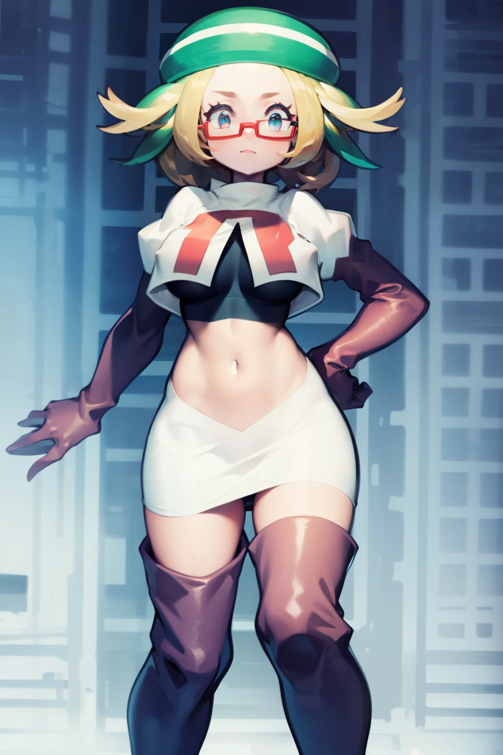 masterpiece, best quality,thighhighlonde hair:1.3),(bianca:1.5),red glasses, breasts,short hair,team rocket,team rocket uniform,white skirt,red letter R,crop top,black thigh-highs,black elbow gloves,