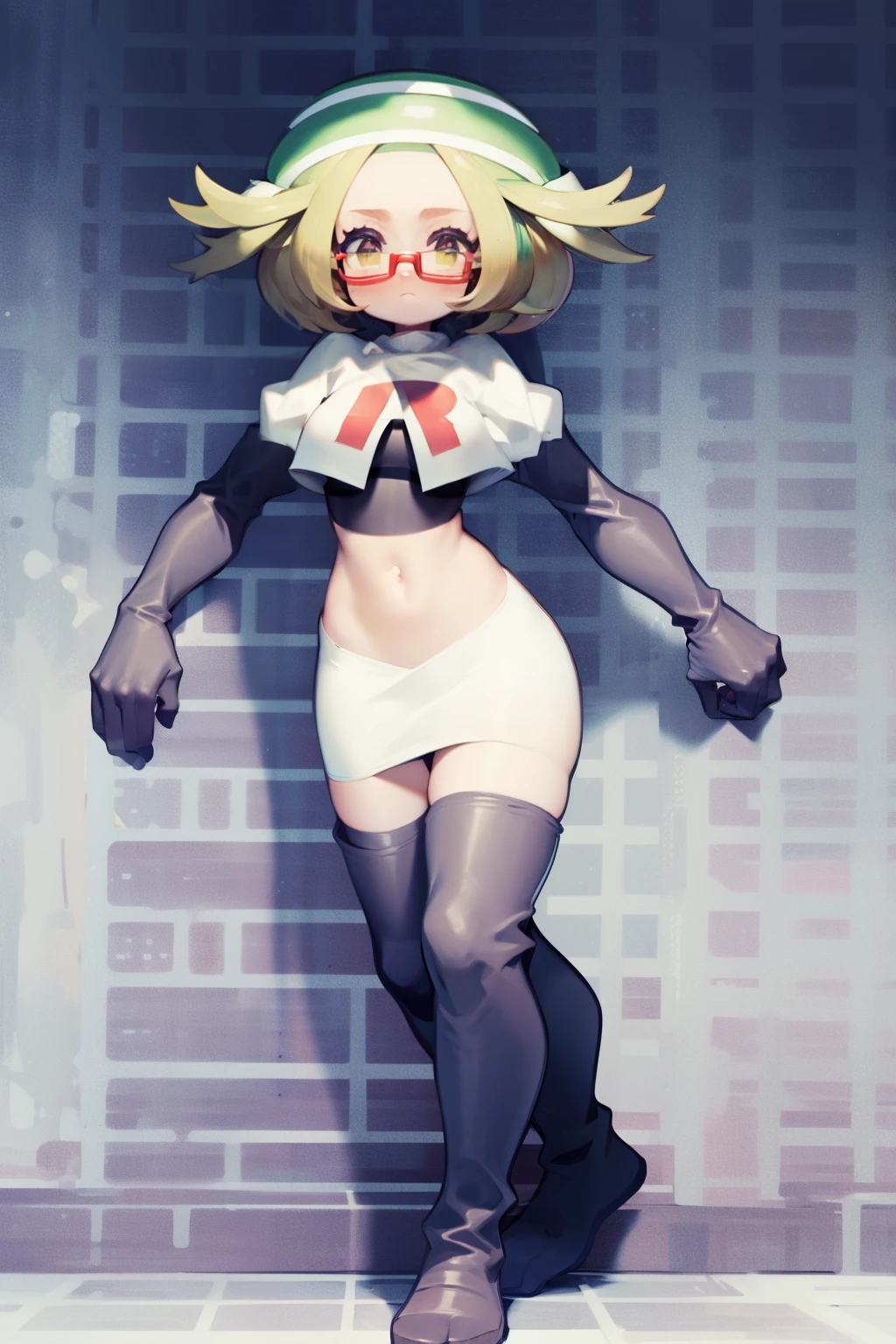 masterpiece, best quality,thighhighlonde hair:1.3),(bianca:1.5),red glasses, breasts,short hair,team rocket,team rocket uniform,white skirt,red letter R,crop top,black thigh-highs,black elbow gloves,