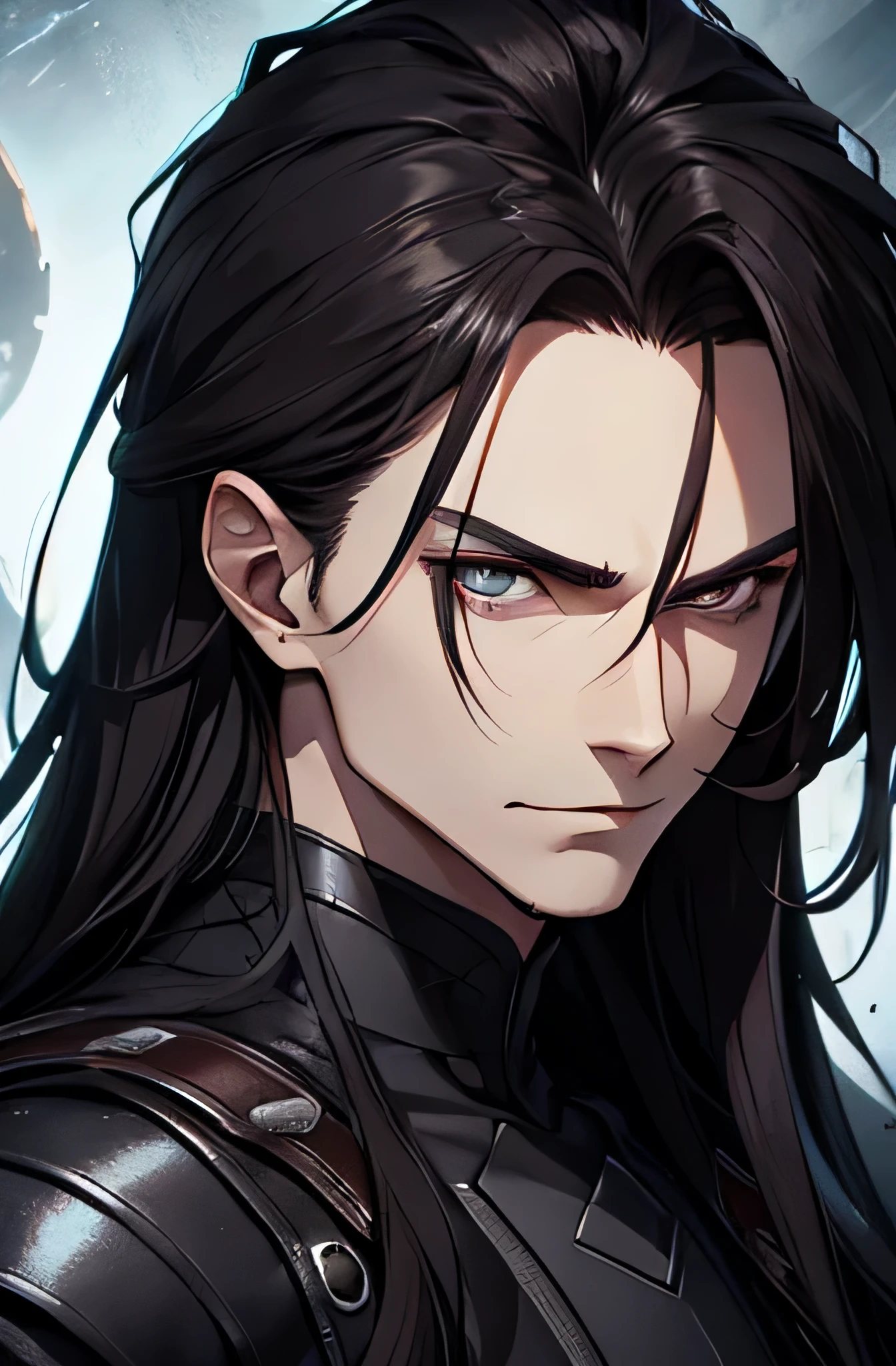 Masterpiece, Best quality, 1 homme, humain, adulte, 20 ans, mauvais look, mauvais smile, mauvais, Dark Hair, cheveux longs, front plie, visage vicieux, dark themed, sous une planete, Face avant, (Haut du corps)