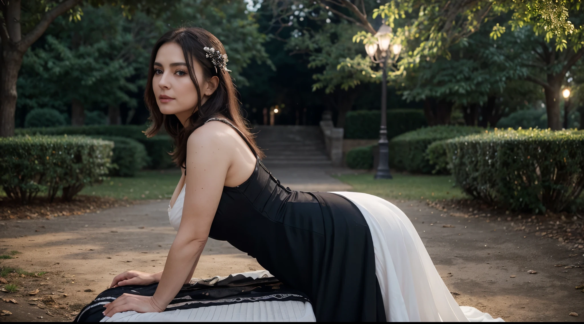 70 years old woman, with beautiful white color hairs, wearing black evening dress, in a park, full body view, reveals a mild sagging breast, utlra realistic, realism, exta realistic, ,soft lighting, extreme detail, hdr