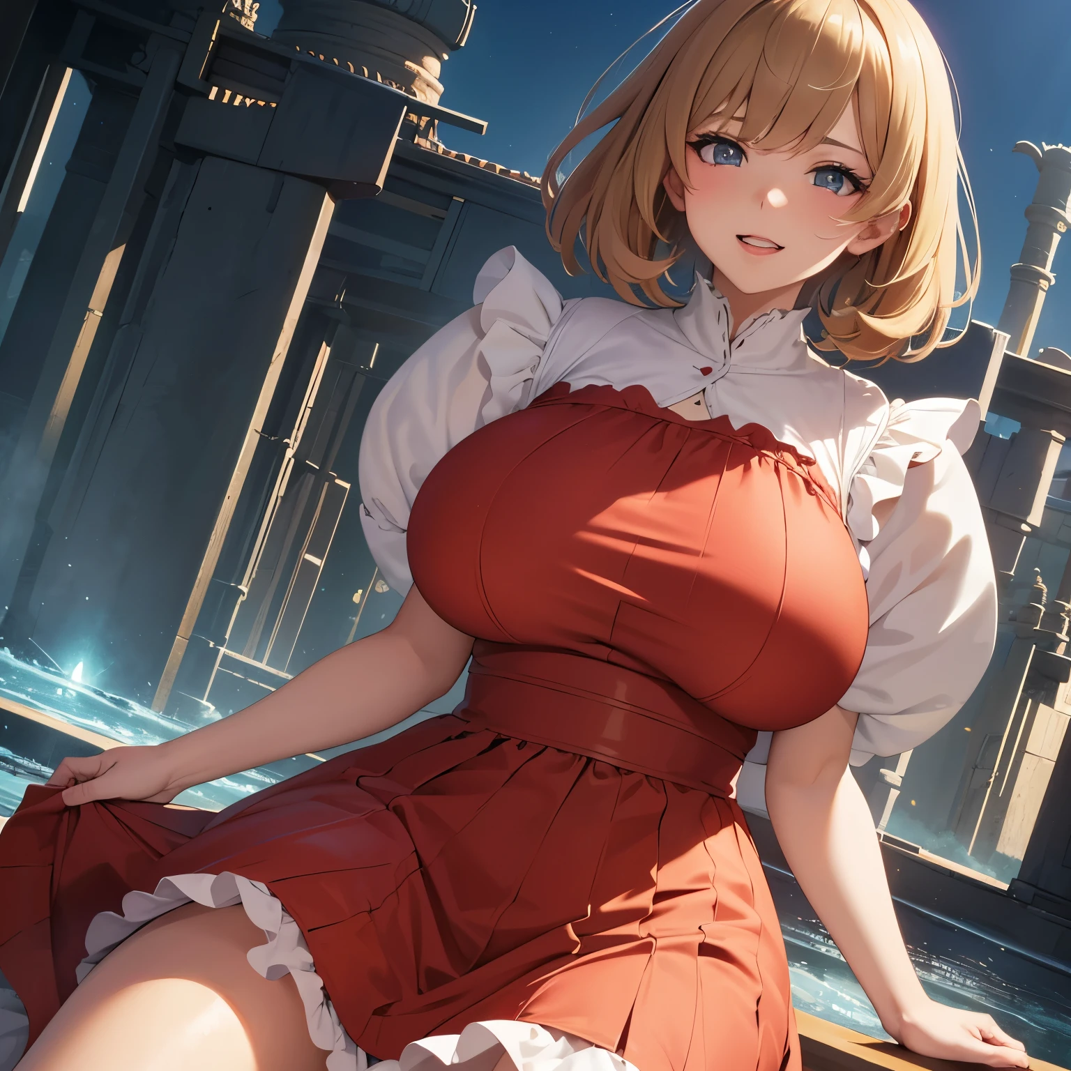 (best quality, 32k, RAW photo, incredibly absurdres, extremely detailed), anime, illustration, beautiful woman, laugh like a prankster, happy, shy, light brown glossy flowing layered messy short hair, full makeup, red alluring moist big thick lips, wearing fluffy loose girly French dress fashion, huge breasts, slender, perfect proportion, background hill overlooking the city, professional flare iridescent lighting, Ghibli style