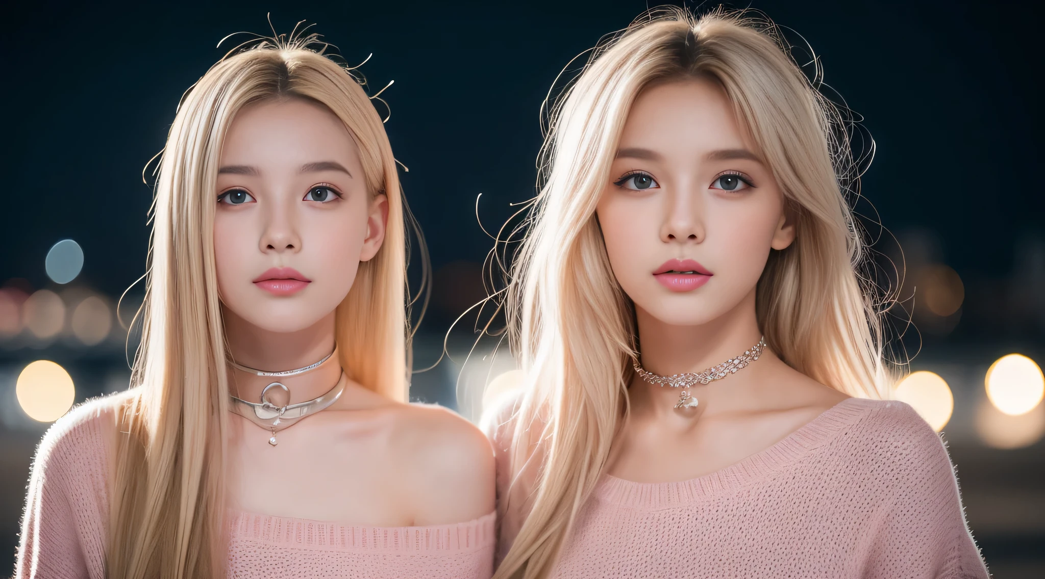 18 years old 1 female, only, Long gray hair, middling, looking at viewert, Blonde hair, shoulder, Brown eyes, jewely, Full body lesbian, choker necklace, Schulte Frey, Sweaters, Draw lips, actual, nase, Flirting with camera against bright city background, Night photos, By your side, well lit pink and small, .