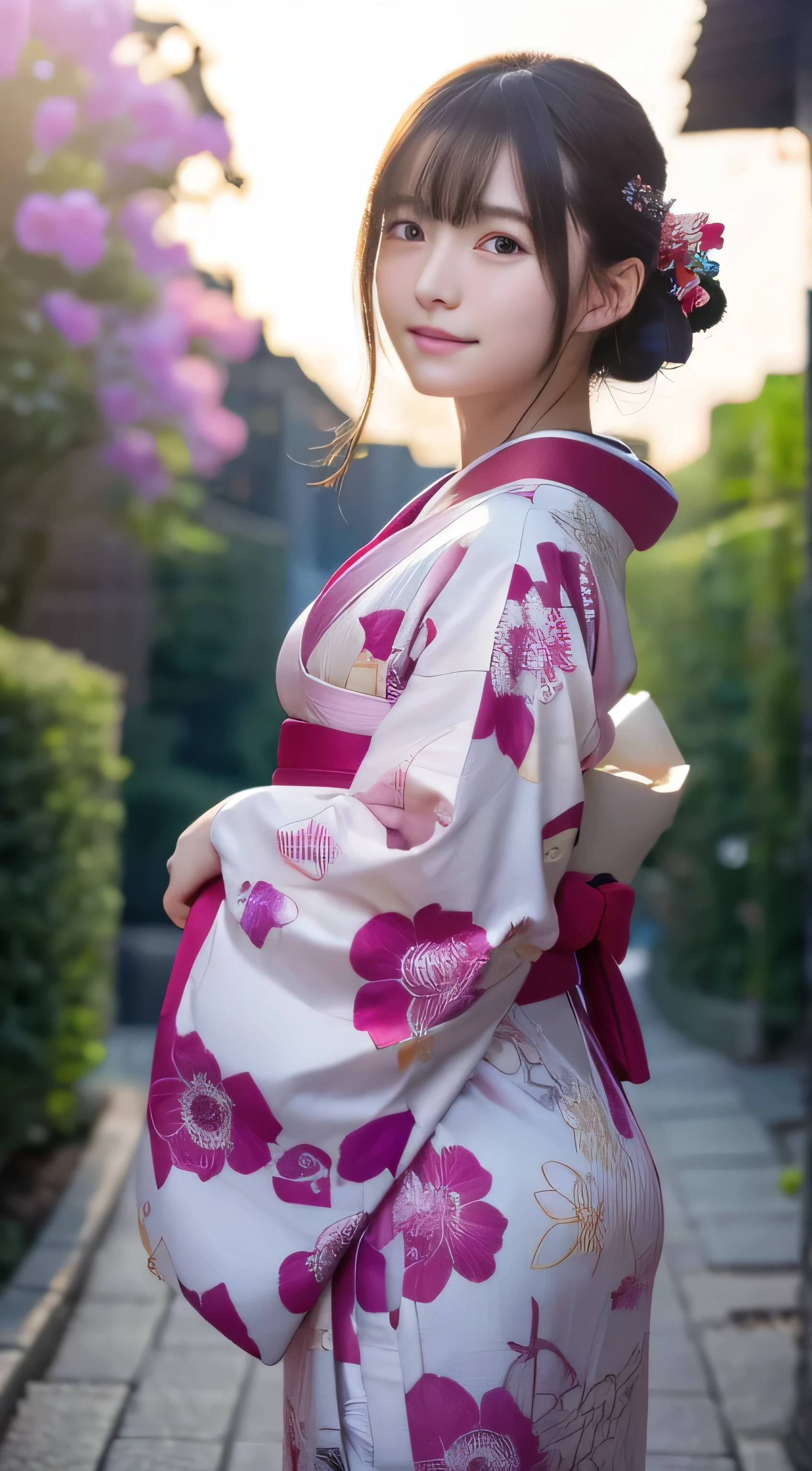 (Kimono)、(())、randome pose、(top-quality,masterpiece:1.3,超A high resolution,),(ultra-detailliert,Caustics),(Photorealsitic:1.4,RAW shooting,)Ultra-realistic capture,A highly detailed,High resolution 16K human skin close-up、 Skin texture is natural、、The skin looks healthy with an even tone、 Use natural light and color,女の子1人,japanes,,hip lines, kawaii,A dark-haired,Middle hair,,smil,,(depth of fields、chromatic abberation、、Wide range of lighting、Natural Shading、)、Attention on the buttocks,