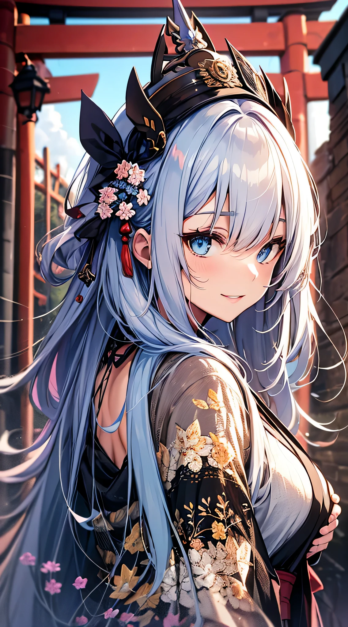 top-quality、Top image quality、​masterpiece、teens girl((18year old、 Ager、Best Bust、Medium bust,wide open breast tea、light blue eyerest, bionde、poneyTail、A slender,Highest valley、Priestess costume、The best smile、Face the front)),hiquality、Beautiful Art、Background with((jpn、Blue sky、shrines、torii gate、big crowd々)),masutepiece、depth of fields、movie、visualart、Perfect Art