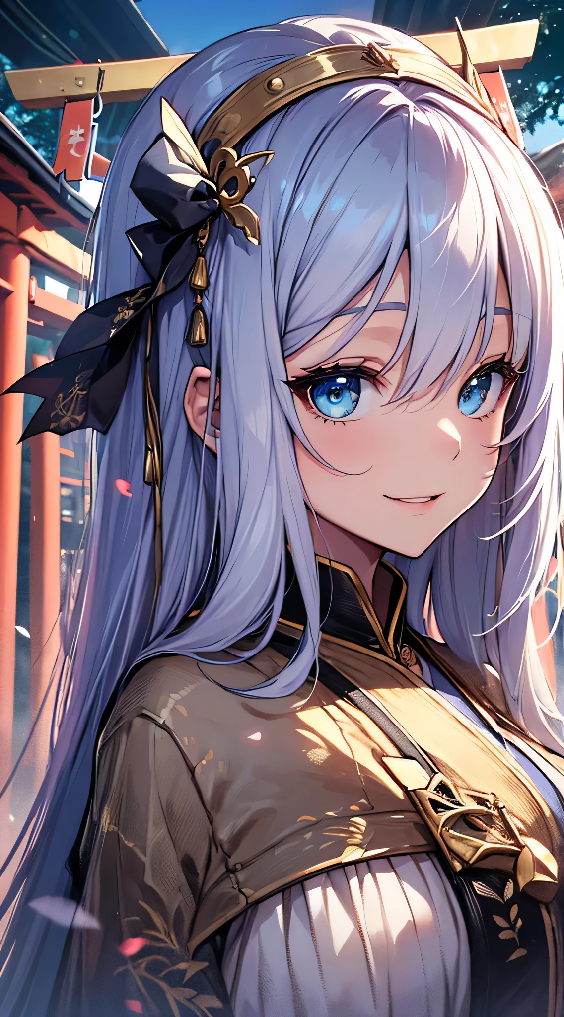 top-quality、Top image quality、masterpiece、teens girl((18year old、 Ager、Best Bust、Medium bust,wide open breast tea、light blue eyerest, bionde、poneyTail、A slender,Highest valley、Priestess costume、The best smile、Face the front)),hiquality、Beautiful Art、Background with((jpn、Blue sky、shrines、torii gate、big crowd々)),masutepiece、depth of fields、movie、visualart、Perfect Art