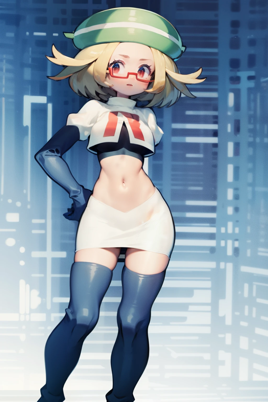 masterpiece, best quality,thighhighlonde hair:1.3),(bianca:1.5),red glasses, breasts,short hair,team rocket,team rocket uniform,white skirt,red letter R,crop top,black thigh-highs,black elbow gloves,