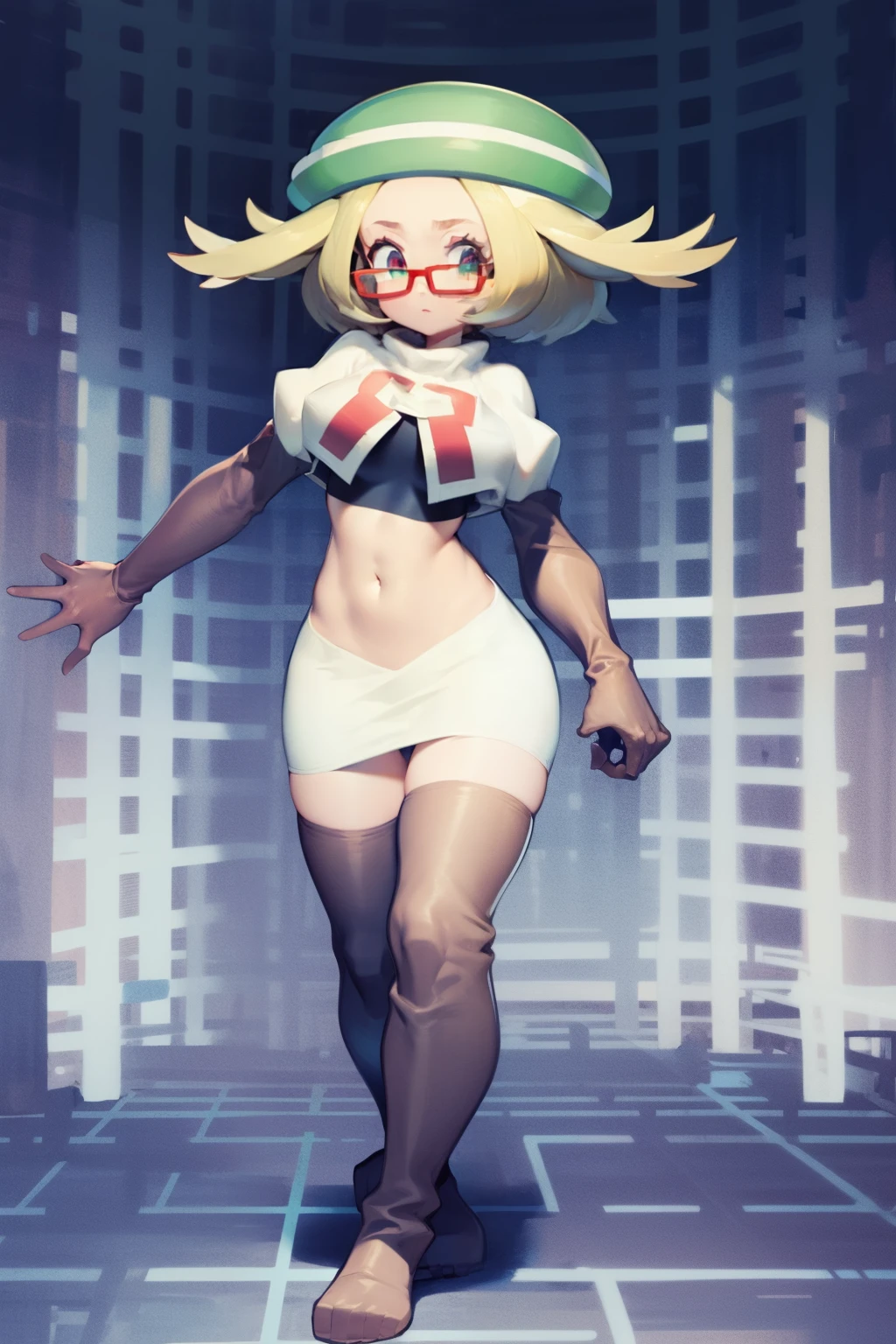 masterpiece, best quality,thighhighlonde hair:1.3),(bianca:1.5),red glasses, breasts,short hair,team rocket,team rocket uniform,white skirt,red letter R,crop top,black thigh-highs,black elbow gloves,