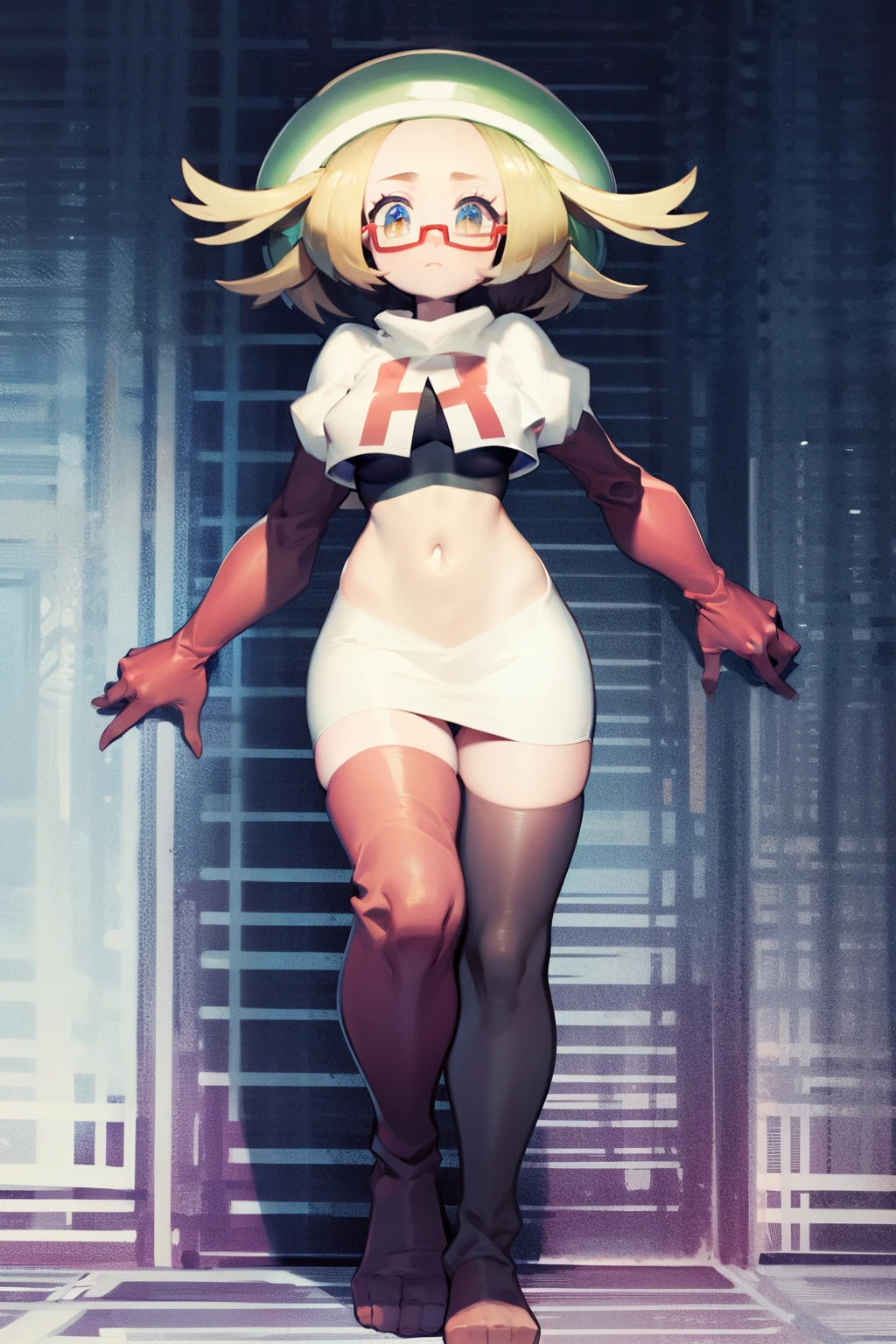 masterpiece, best quality,thighhighlonde hair:1.3),(bianca:1.5),red glasses, breasts,short hair,team rocket,team rocket uniform,white skirt,red letter R,crop top,black thigh-highs,black elbow gloves,