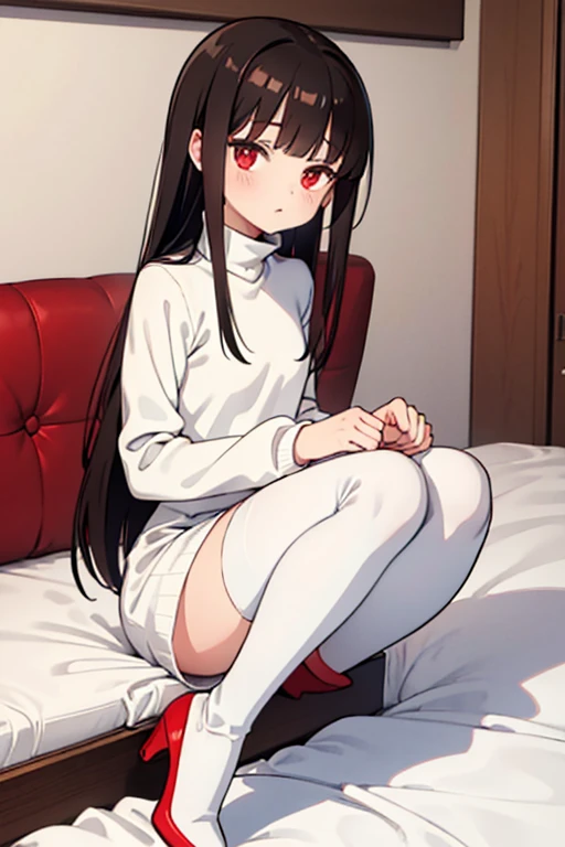 petite slender woman, wearing a white turtleneck sweater and a red leather jacket on top, mini-skirtlack), White stockings, and high-heeled Black boots.  She sit in the bed, Have brown hair And red eyes.