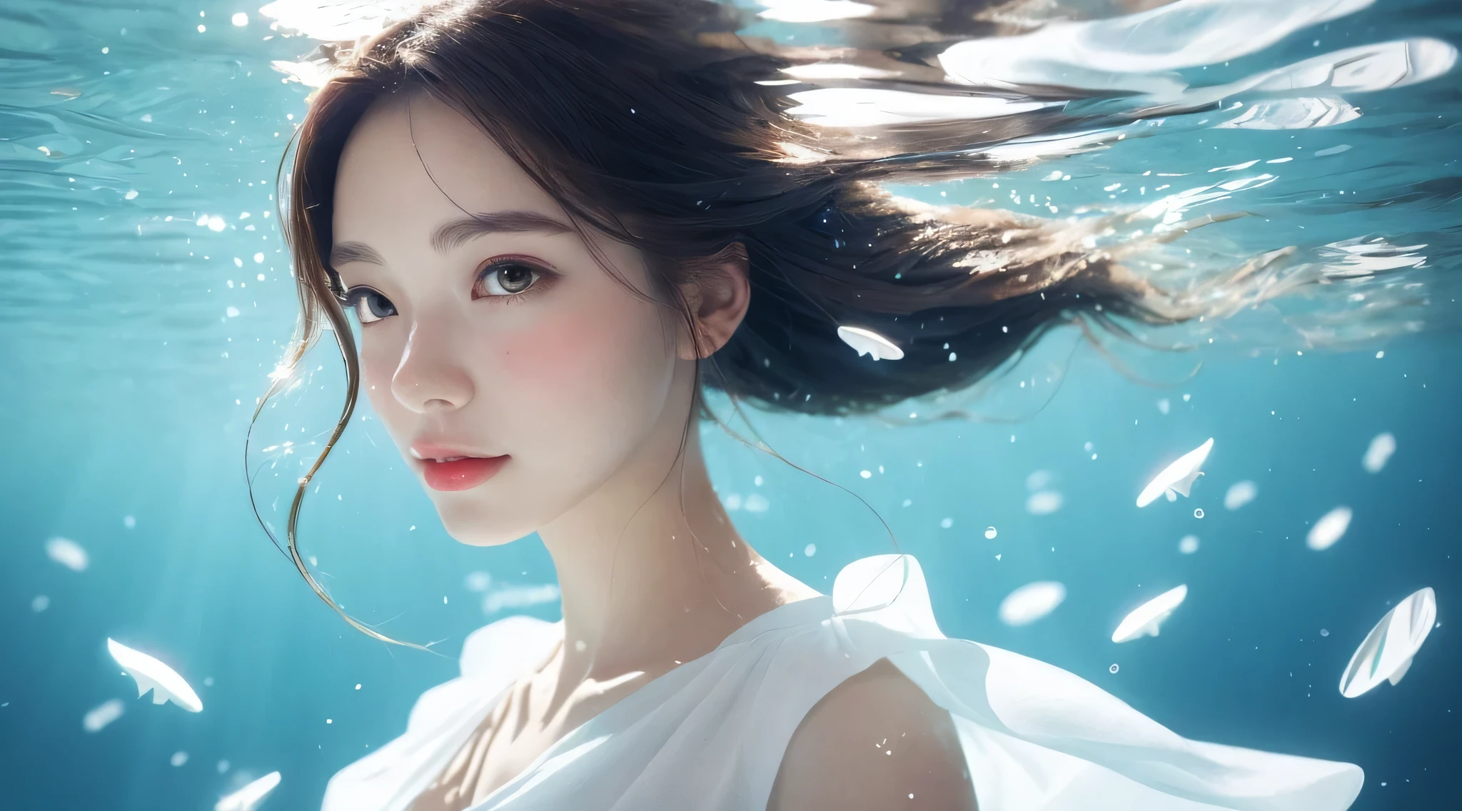 Close-up of woman wearing white dress underwater，wallpaper anime blue water，Guviz风格的艺术品，Close-up fantasy of water magic，consist of，Guviz，A beautiful artistic illustration，WaterNympheautiful Digital Artwork Beautiful Digital Illustration，consist of李松，bovo art style，A beautiful anime portrait