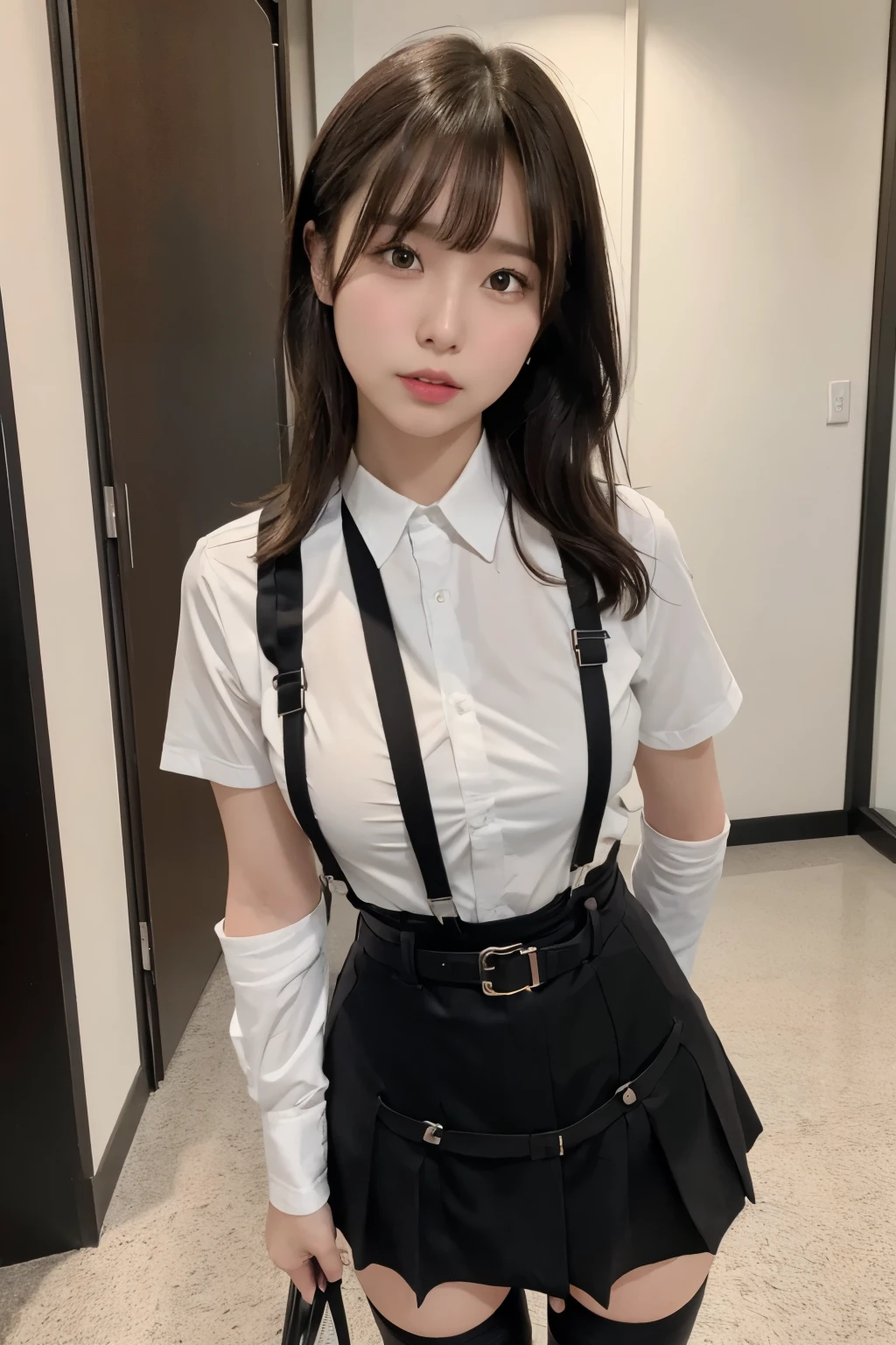 Brown hair、watching at viewers suspenders big breasts Black miniskirt garterbelts knee high socks Gaze Small face bangss Beautuful Women Gaze Black boots Armpit sweat soio Fold your hands behind your back Belt Cutter Shirt teats