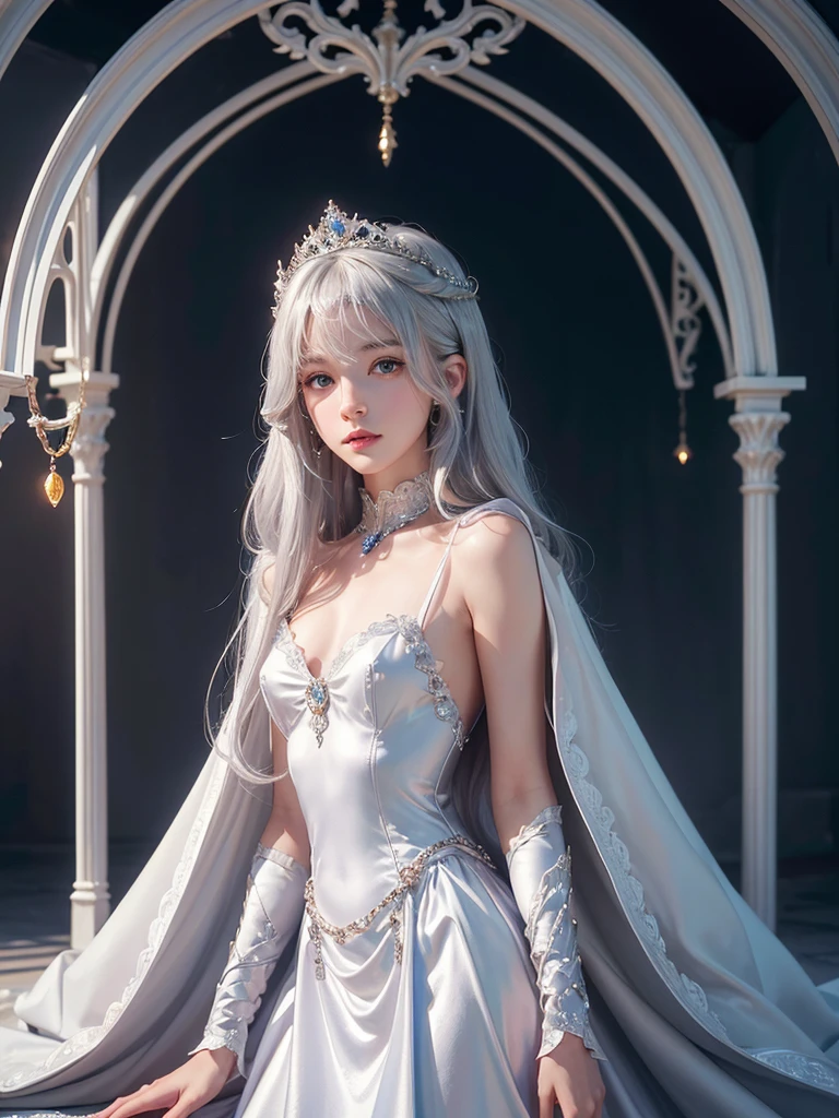 igh res,masterpiece,best quality,extremely detailed , ultra-detailed, long silky smooth hair , heroine , princess , silver cape , cinematic , aesthetic, small covered chest Realistic lighting, delicate face, Body perfect anatomy,Top Quality, 8K Resolution, High quality , shiny silky cape , shiny whitish silver hair, beautiful amber princess dress , princess garden background , full body
