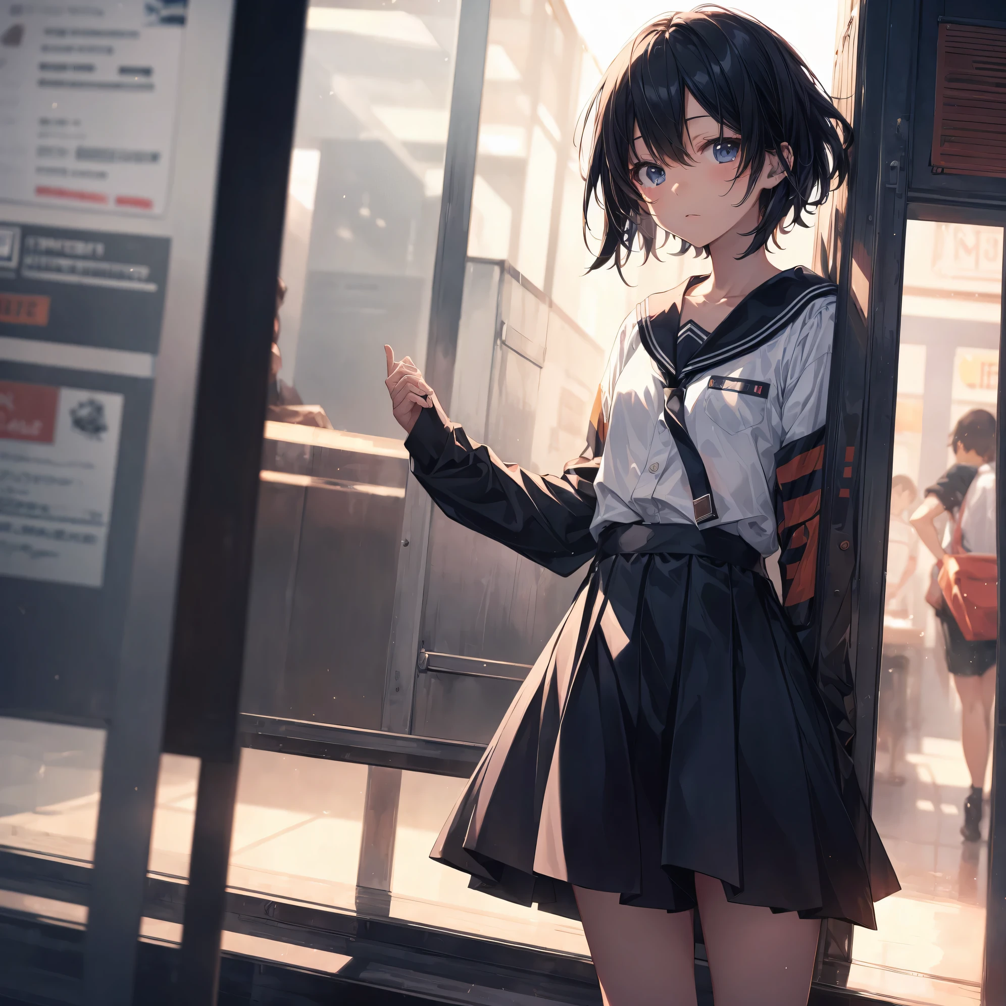 Super high quality by the art god, Ultra-detailed, High resolution, Shinkai Makoto style, anime moe art style, best anime 8K konachan wallpaper, Pixiv Contest Winner, Perfect Anatomy, BREAK,(Please draw a sleepy girl going to school alone.. ),BREAK, a hyperrealistic schoolgirl, (Solo,Lori,child,13years:1.3),Full limbs, complete fingers,a junior high school student, Androgynous attraction, (extra very short hair), hair messy, flat and soft chest, Small butt, groin, Small eyes,Beautiful detailed black eyes, Well-proportioned iris and pupils, disgusted eye, High resolution detailed hair, School uniform, Skirt, On the way to school. BREAK,Ultra-detailed細なスキン, Best lighting by famous artists, 8K, Illustration,