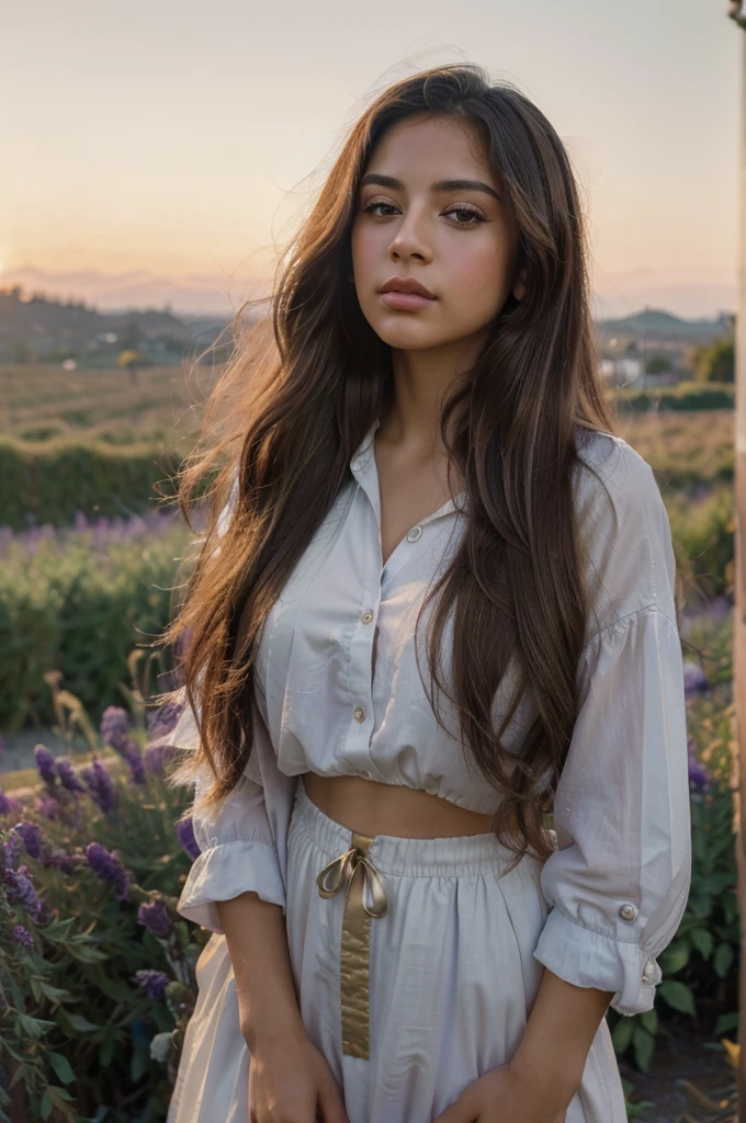 (Best Quality, 8k, Masterpiece :1.3),(best quality,ultra-detailed,photorealistic),young latina woman,beautiful eyes,lushes detailed lips,pensive expression,soft lighting,shot on kodak gold 400,vibrant colors,,long flowing hair,stylish outfit,lavender field background,golden hour sunset,serene atmosphere
