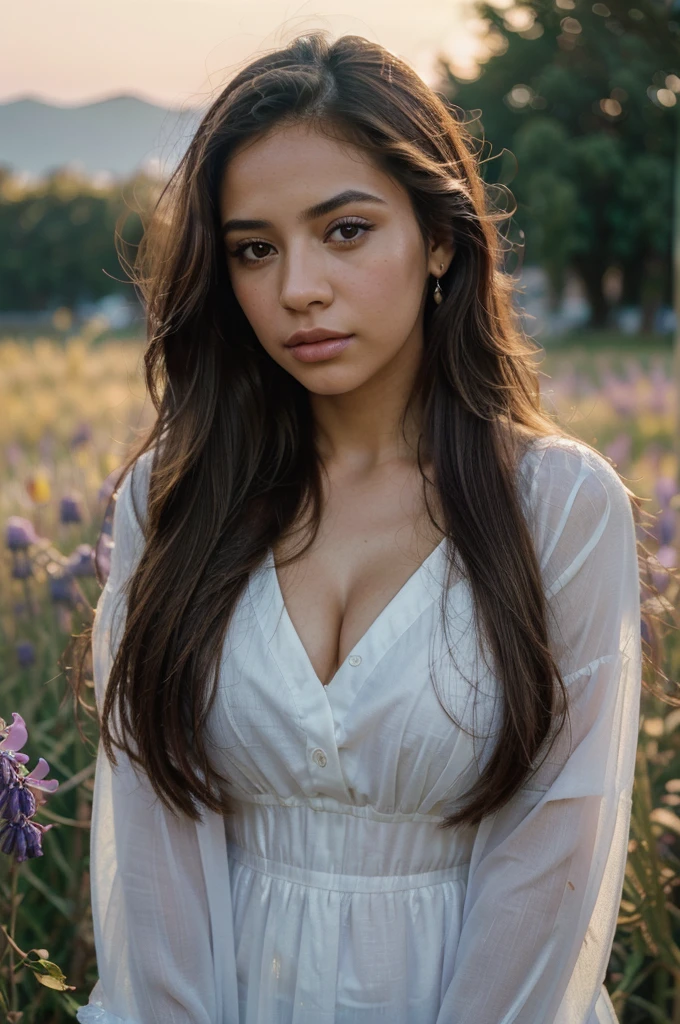 (Best Quality, 8k, Masterpiece :1.3),(best quality,ultra-detailed,photorealistic),young latina woman,beautiful eyes,lushes detailed lips,pensive expression,soft lighting,shot on kodak gold 400,vibrant colors,,long flowing hair,stylish outfit,lavender field background,golden hour sunset,serene atmosphere