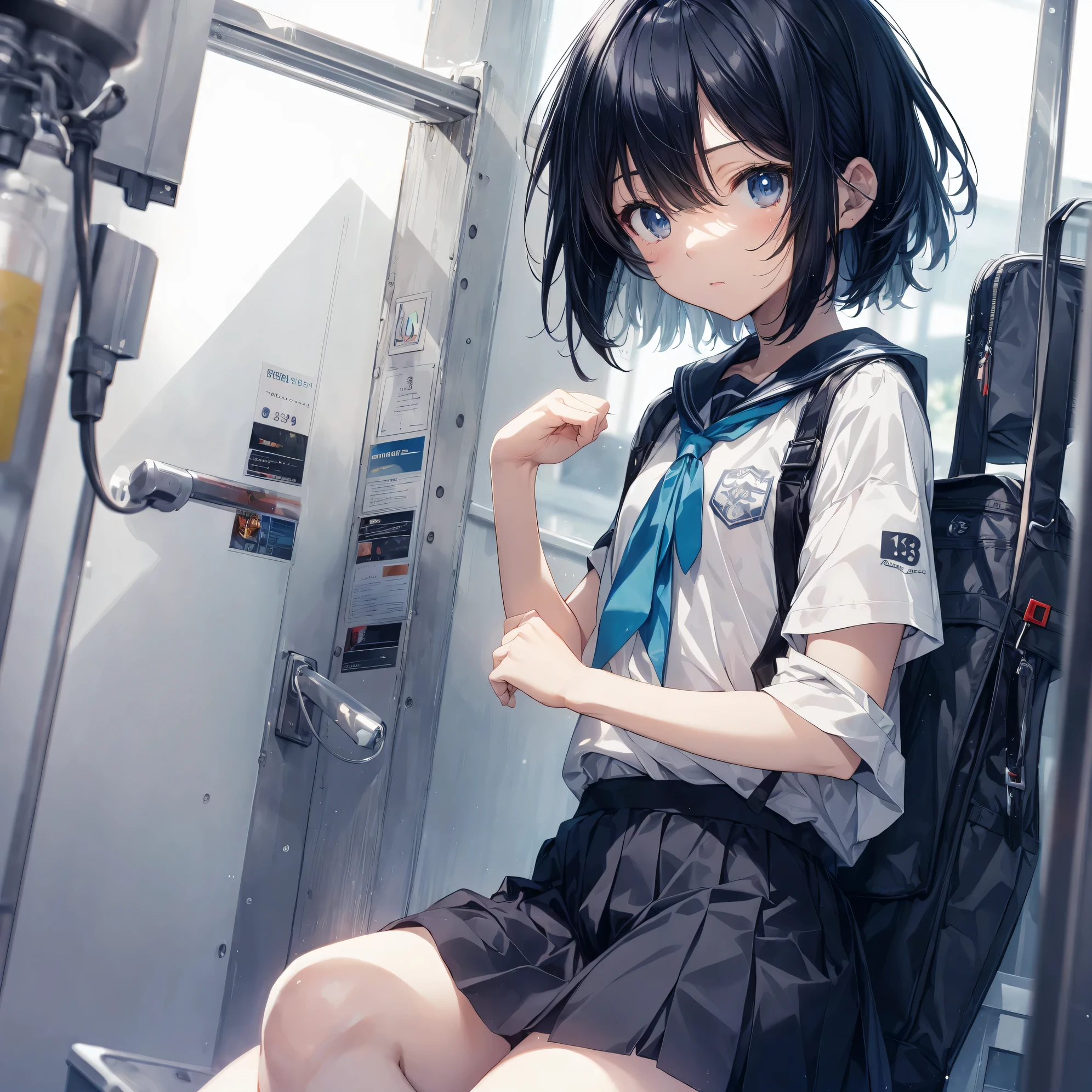 Super high quality by the art god, Ultra-detailed, High resolution, Shinkai Makoto style, anime moe art style, best anime 8K konachan wallpaper, Pixiv Contest Winner, Perfect Anatomy, BREAK,(Please draw a sleepy girl going to school alone.. ),BREAK, a hyperrealistic schoolgirl, (Solo,Lori,,13yea:1.3),Full limbs, complete fingers,a junior gynous attraction, (extra very short hair), hair messy, flat and soft chest, Small butt, groin, Small eyes,Beautiful detailed black eyes, Well-proportioned iris and pupils, disgusted eye, High resolution detailed hair, School uniform, Skirt, On the way to school. BREAK,Ultra-detailed細なスキン, Best lighting by famous artists, 8K, Illustration,