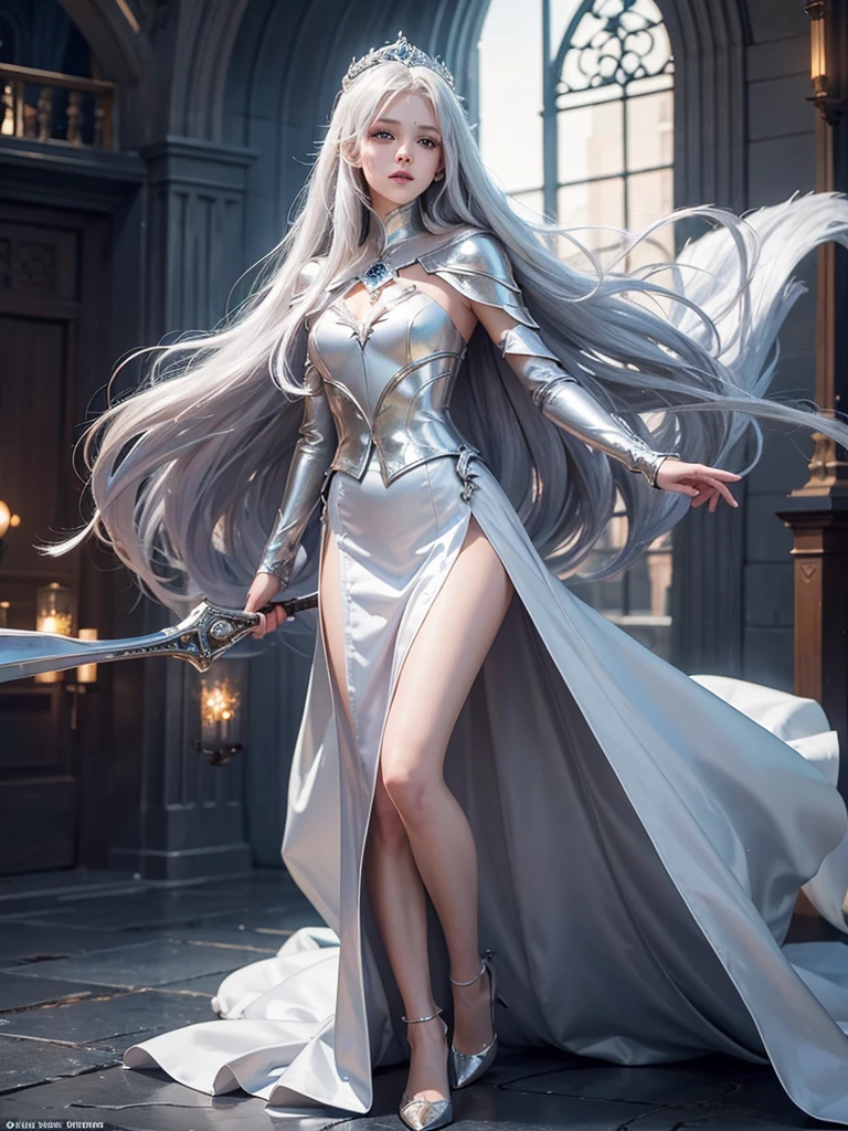 igh res,masterpiece,best quality,extremely detailed , ultra-detailed, long silky smooth hair , heroine , battle princess , silver cape , cinematic , aesthetic, small covered chest Realistic lighting, delicate face, Body perfect anatomy,Top Quality, 8K Resolution, High quality , shiny silky cape , shiny whitish silver hair, beautiful amber princess dress , princess garden background , full body , holding a weapon , sexy