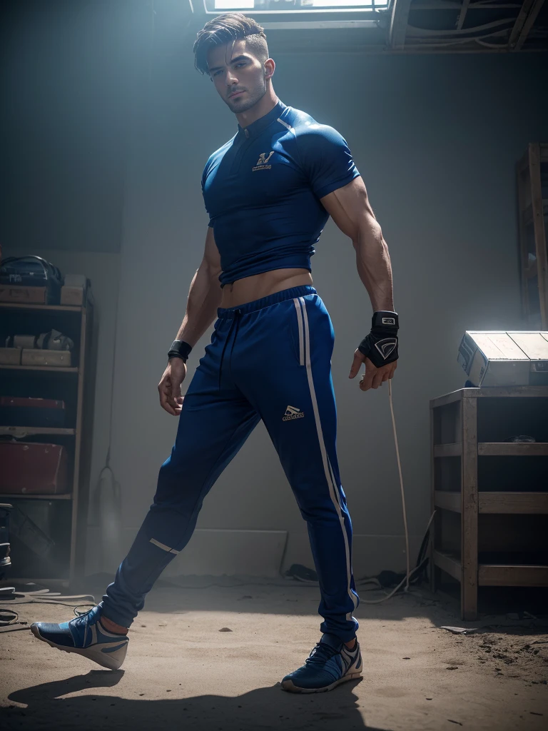 Arad man in blue boxer panties standing in room, posing and bent, bodybuilder posing, posing under dramatic lights, beef cake pose, full body pose, bodybuilder physique, movie body shot, tall muscular physique, natural light background, exaggerated muscular physique, muscular legs, full body pose, model of attractive body, sports fashion photography