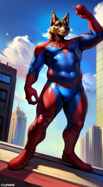 solo, german shepherd, overweight, wearing red and blue spiderman, spiderman spandex costume, raimi spiderman suit print, no masked, full body view, frontal shot, at top of building rooftop, by darkgem by chunie by juiceps, anime furry art style