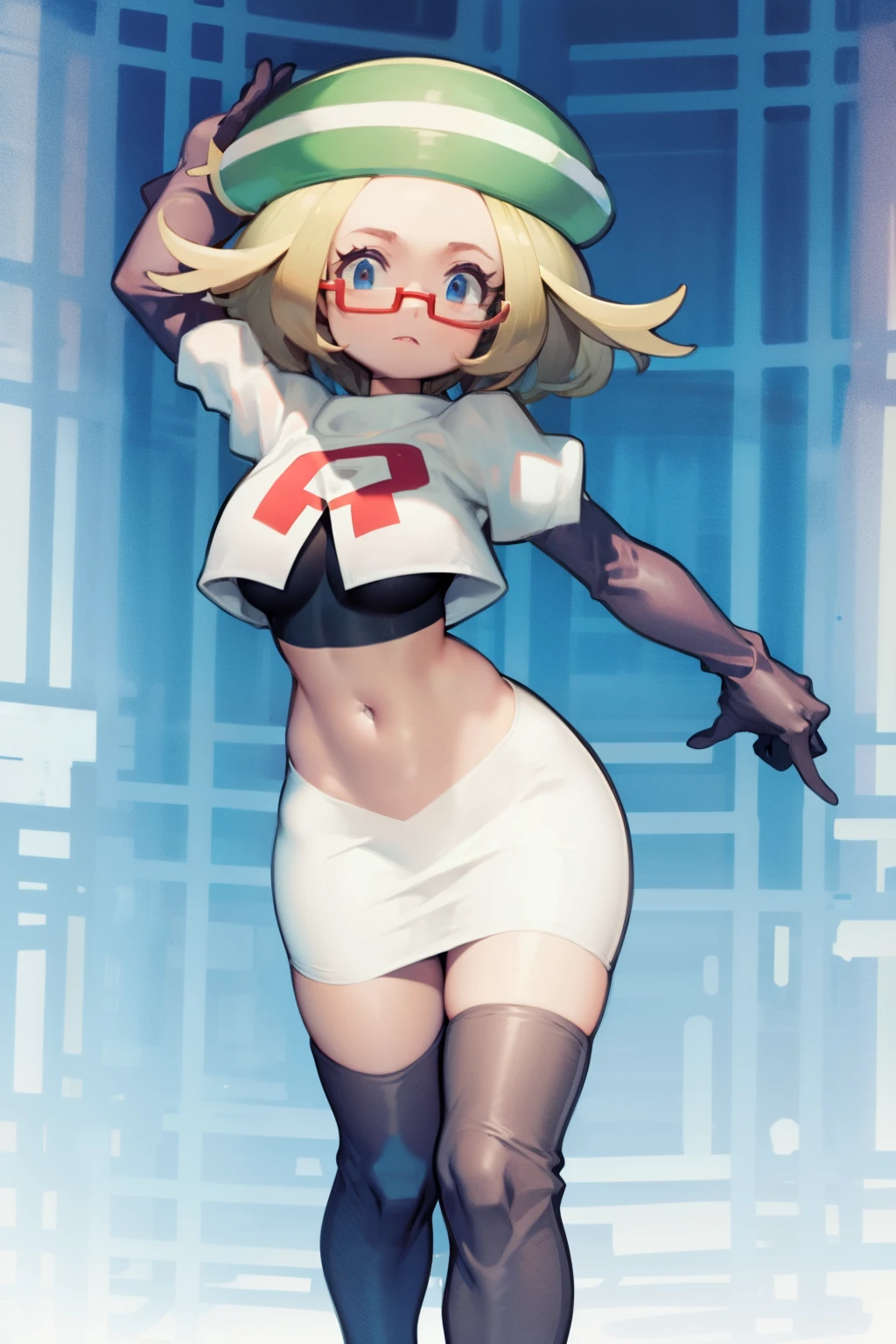 masterpiece, best quality,thighhighlonde hair:1.3),(bianca:1.5),red glasses, breasts,short hair,team rocket,team rocket uniform,white skirt,red letter R,crop top,black thigh-highs,black elbow gloves,