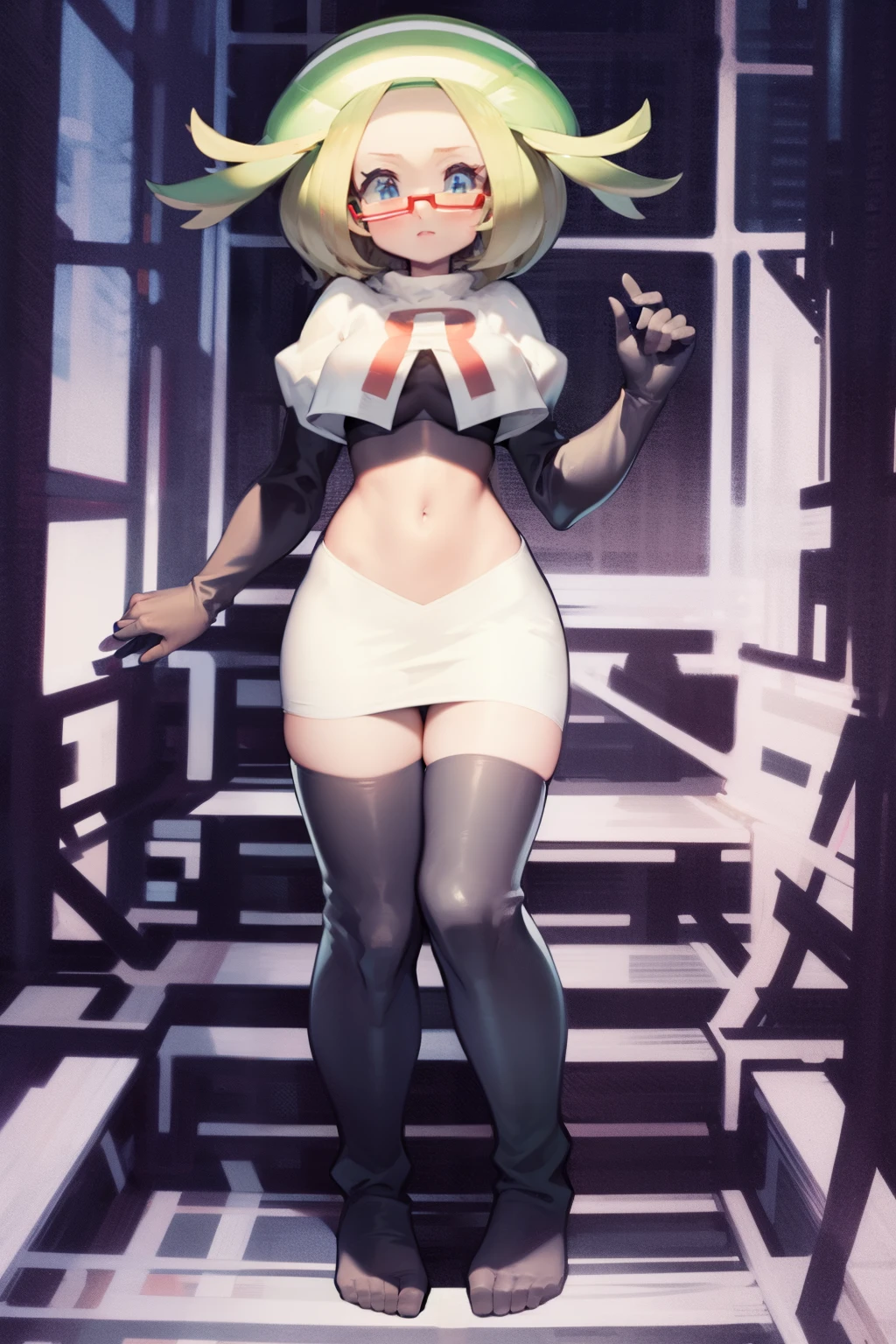 masterpiece, best quality,thighhighlonde hair:1.3),(bianca:1.5),red glasses, breasts,short hair,team rocket,team rocket uniform,white skirt,red letter R,crop top,black thigh-highs,black elbow gloves,