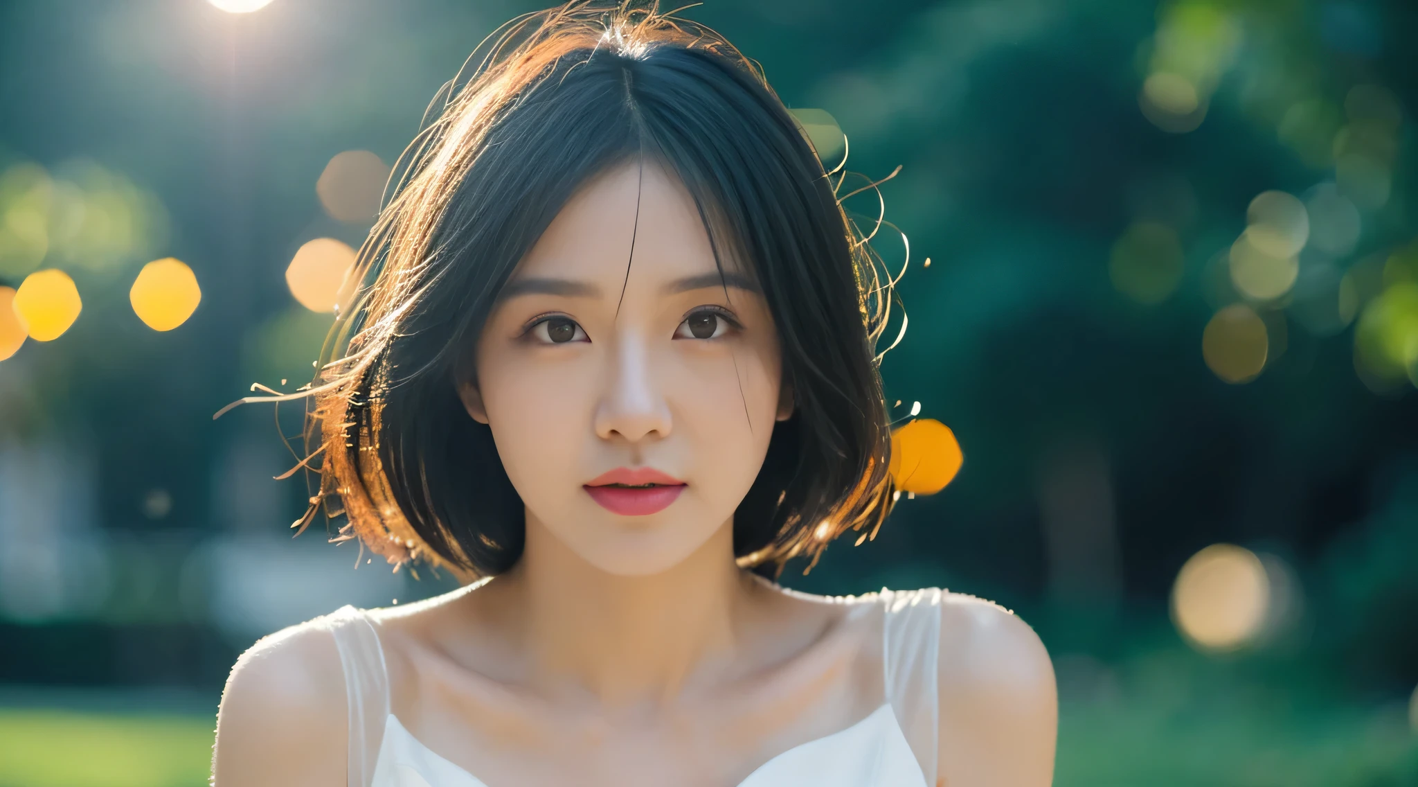(Sweated:0.7),Light wedding dress,Short white dress,sweetheart,Vietnamese ,delicated face, Nice face,bshoulders,bshoulders微微外露,Translucent skin,黑The eye,black hair color hair,(realistically:1.4),Realistic details, A high resolution,bokeh,Excellent details，looking at the camera in