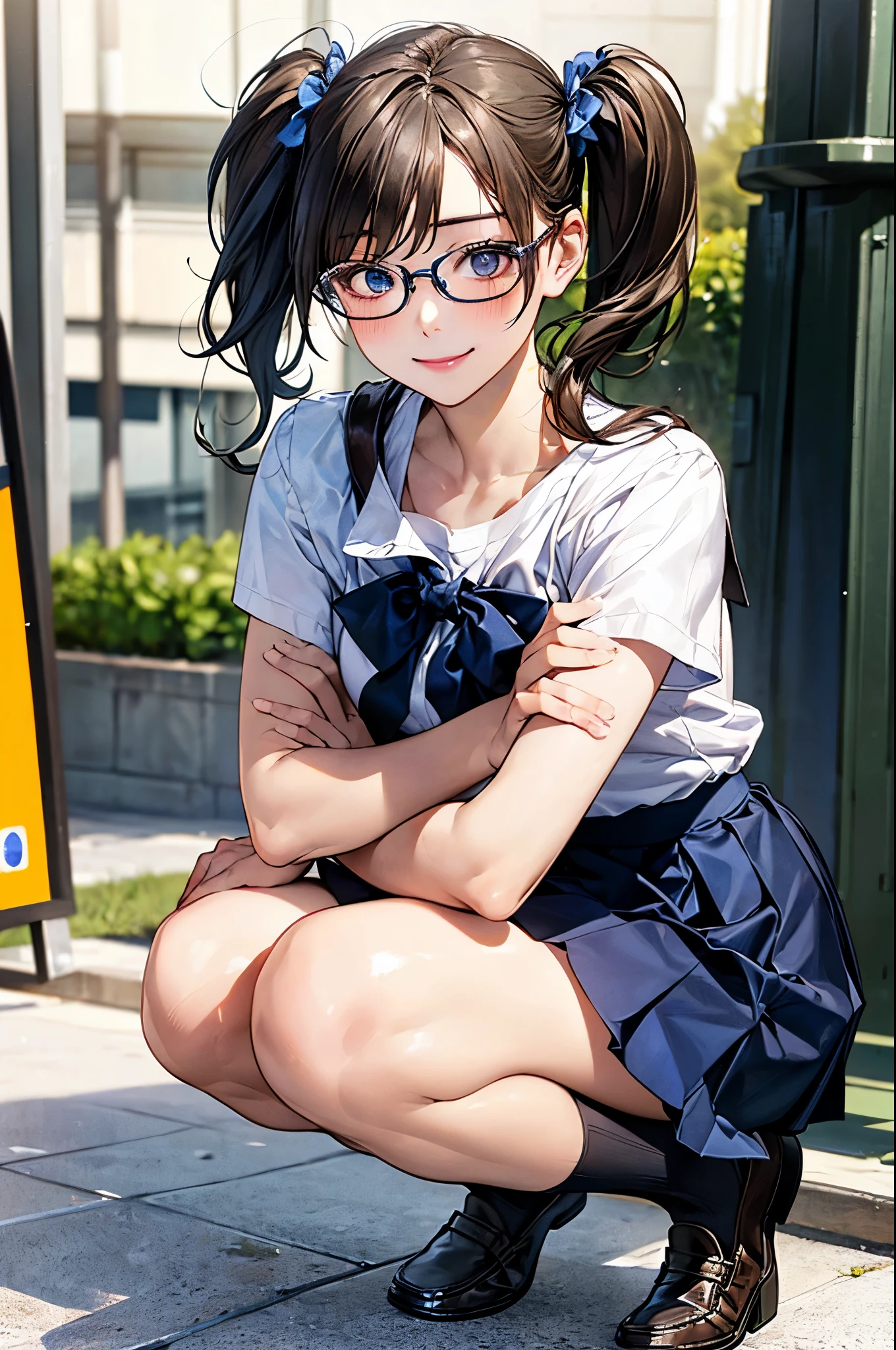 (masterpiece:1.2, top-quality), (realistic, photorealistic:1.4), beautiful illustration, NSFW,
looking at viewer, cowboy shot, front view:0.8,
1 girl, japanese, high school girl, (short hair:1.5, twintails:1.7), brown hair, blue eyes, large breasts:0.5, (thick thighs),
beautiful hair, beautiful face, beautiful detailed eyes, beautiful clavicle, beautiful body, beautiful chest, beautiful thigh, beautiful legs, beautiful fingers,
((summer school uniform, white y-shirt:1.1, dark blue skirt, pleated skirt:1.1, glasses, dark blue socks, black loafers, )),
(beautiful scenery), school, wind blowing, wind lift, squatting, crossed arms
(erotic, sexy, upper eyes, lovely smile), shiny skin,
perfect face, cute and symmetrical face, natural side lighting, movie lighting),