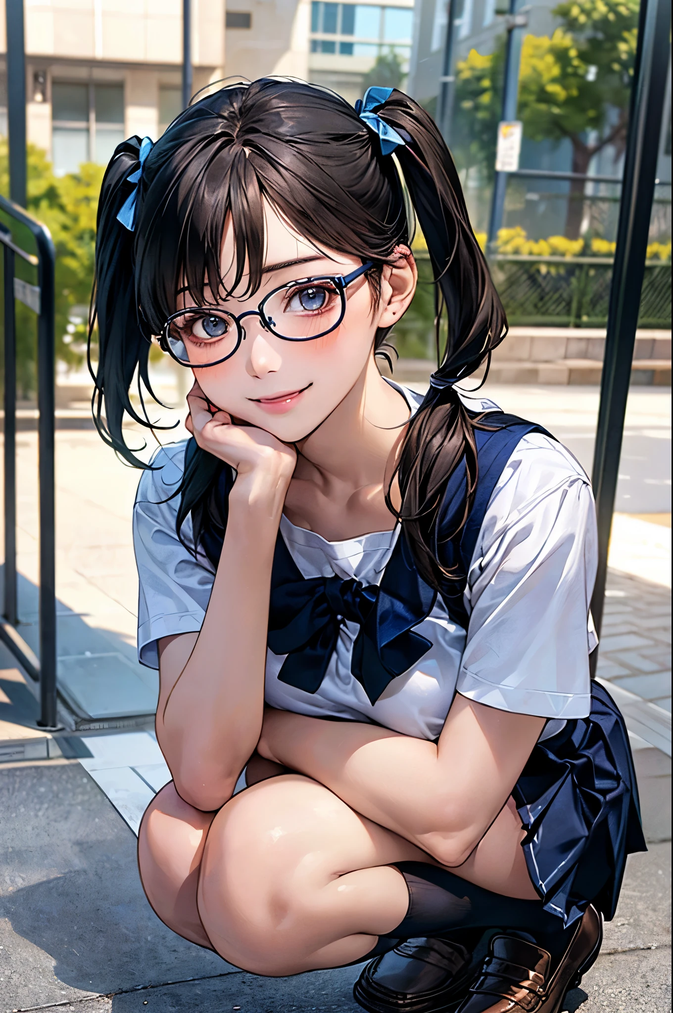 (masterpiece:1.2, top-quality), (realistic, photorealistic:1.4), beautiful illustration, NSFW,
looking at viewer, cowboy shot, front view:0.8,
1 girl, japanese, high school girl, (short hair:1.5, twintails:1.7), brown hair, blue eyes, large breasts:0.5, (thick thighs),
beautiful hair, beautiful face, beautiful detailed eyes, beautiful clavicle, beautiful body, beautiful chest, beautiful thigh, beautiful legs, beautiful fingers,
((summer school uniform, white y-shirt:1.1, dark blue skirt, pleated skirt:1.1, glasses, dark blue socks, black loafers, )),
(beautiful scenery), school, wind blowing, wind lift, squatting, crossed arms
(erotic, sexy, upper eyes, lovely smile), shiny skin,
perfect face, cute and symmetrical face, natural side lighting, movie lighting),