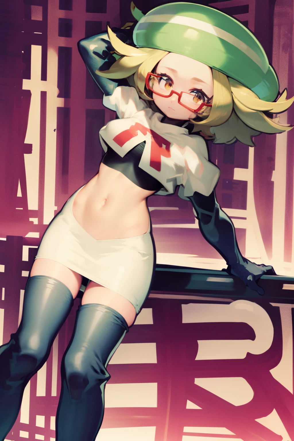 masterpiece, best quality,thighhighlonde hair:1.3),(bianca:1.5),red glasses, breasts,short hair,team rocket,team rocket uniform,white skirt,red letter R,crop top,black thigh-highs,black elbow gloves,