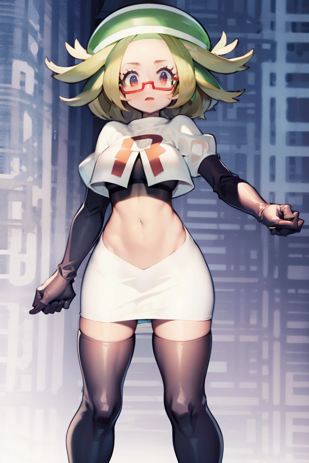 masterpiece, best quality,thighhighlonde hair:1.3),(bianca:1.5),red glasses, breasts,short hair,team rocket,team rocket uniform,white skirt,red letter R,crop top,black thigh-highs,black elbow gloves,