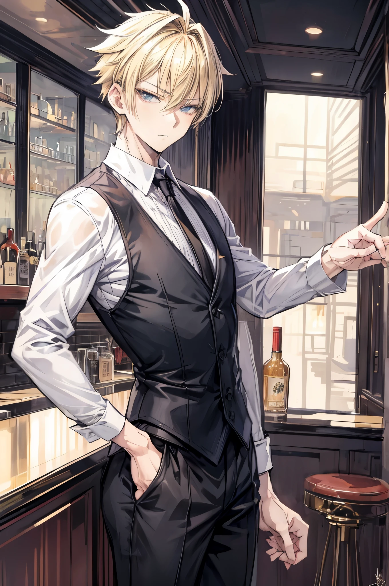 (flat color:1.1),(masterpiece:1.2), best quality, masterpiece, original,short blonde spiky hair, (mature handsome anime man looking at the camera with a gentle expression:1.2), wearing formal casual outfit, bartender