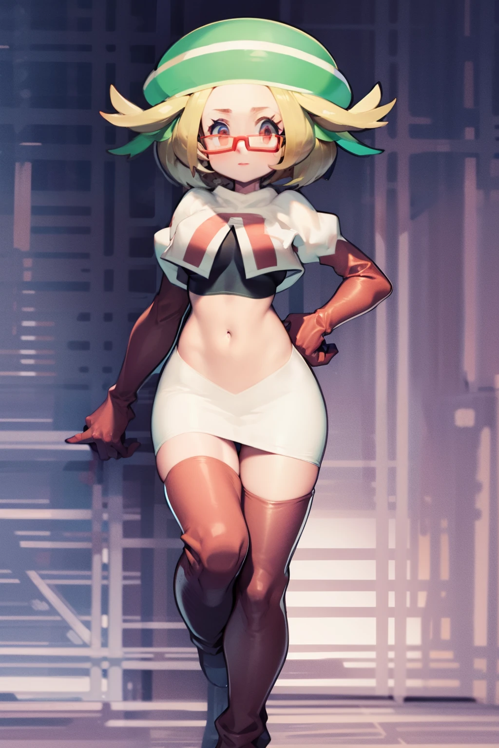 masterpiece, best quality,thighhighlonde hair:1.3),(bianca:1.5),red glasses, breasts,short hair,team rocket,team rocket uniform,white skirt,red letter R,crop top,black thigh-highs,black elbow gloves,