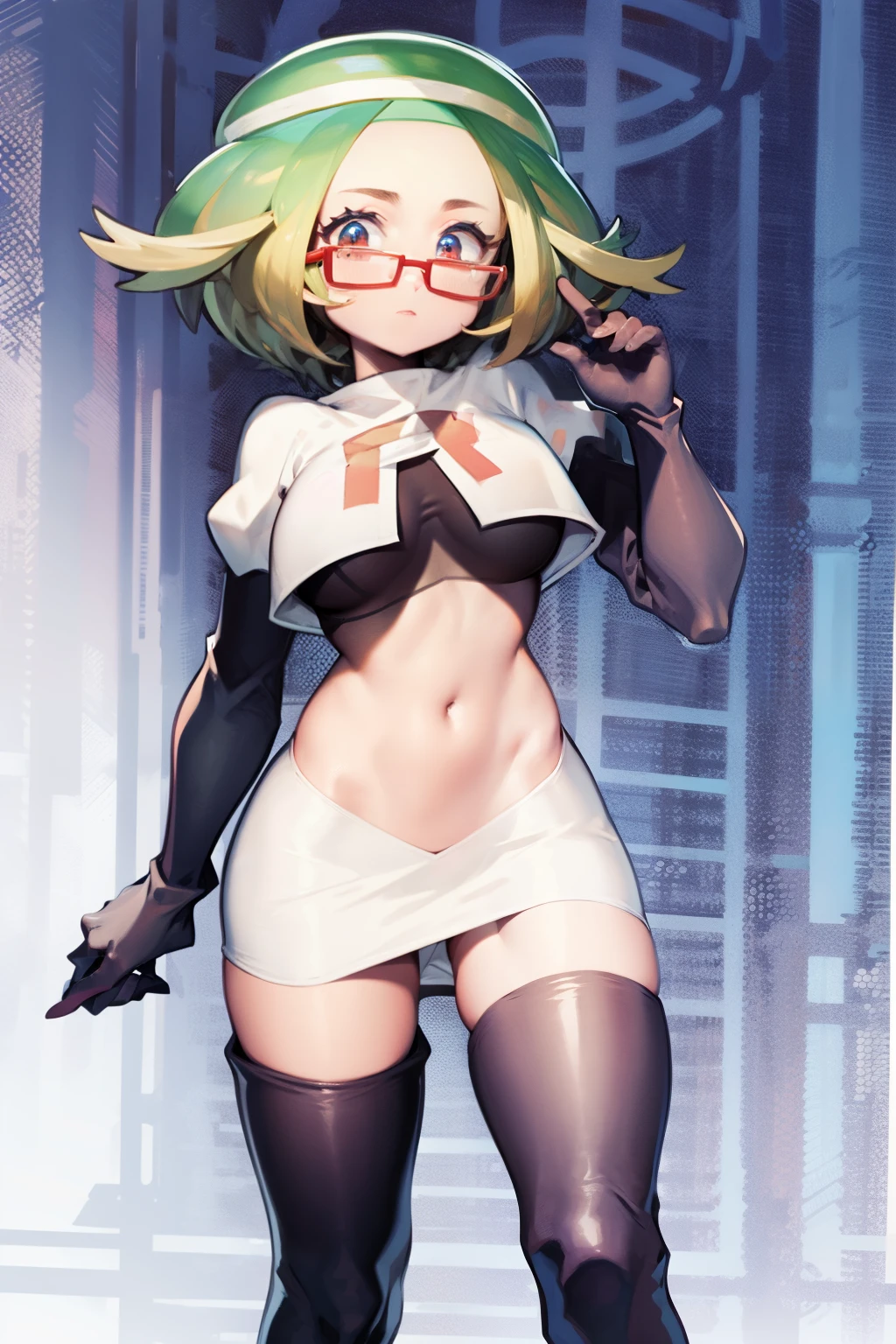 masterpiece, best quality,thighhighlonde hair:1.3),(bianca:1.5),red glasses, breasts,short hair,team rocket,team rocket uniform,white skirt,red letter R,crop top,black thigh-highs,black elbow gloves,